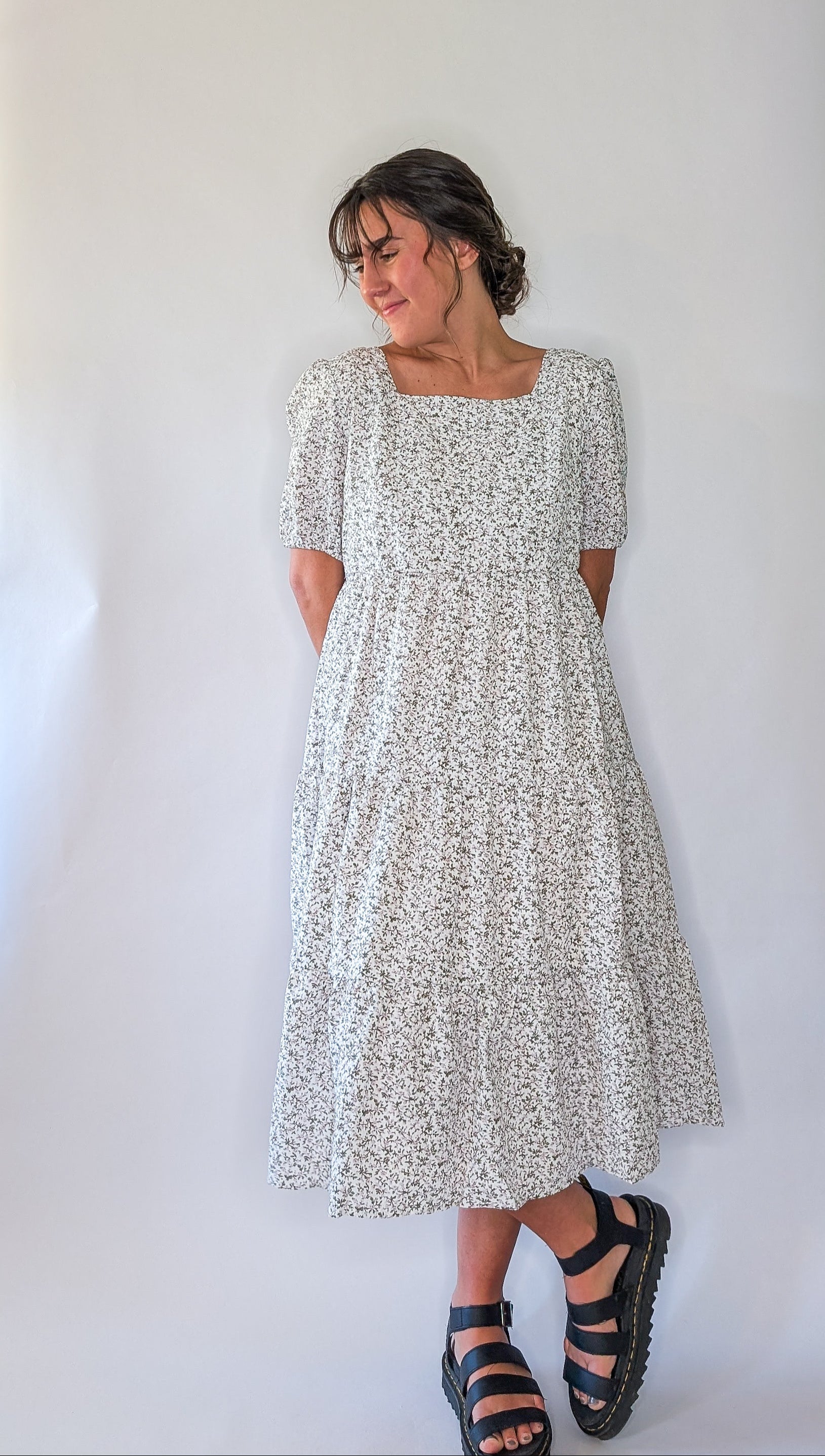 'Vivian' Square Neck Midi Dress in Ivory