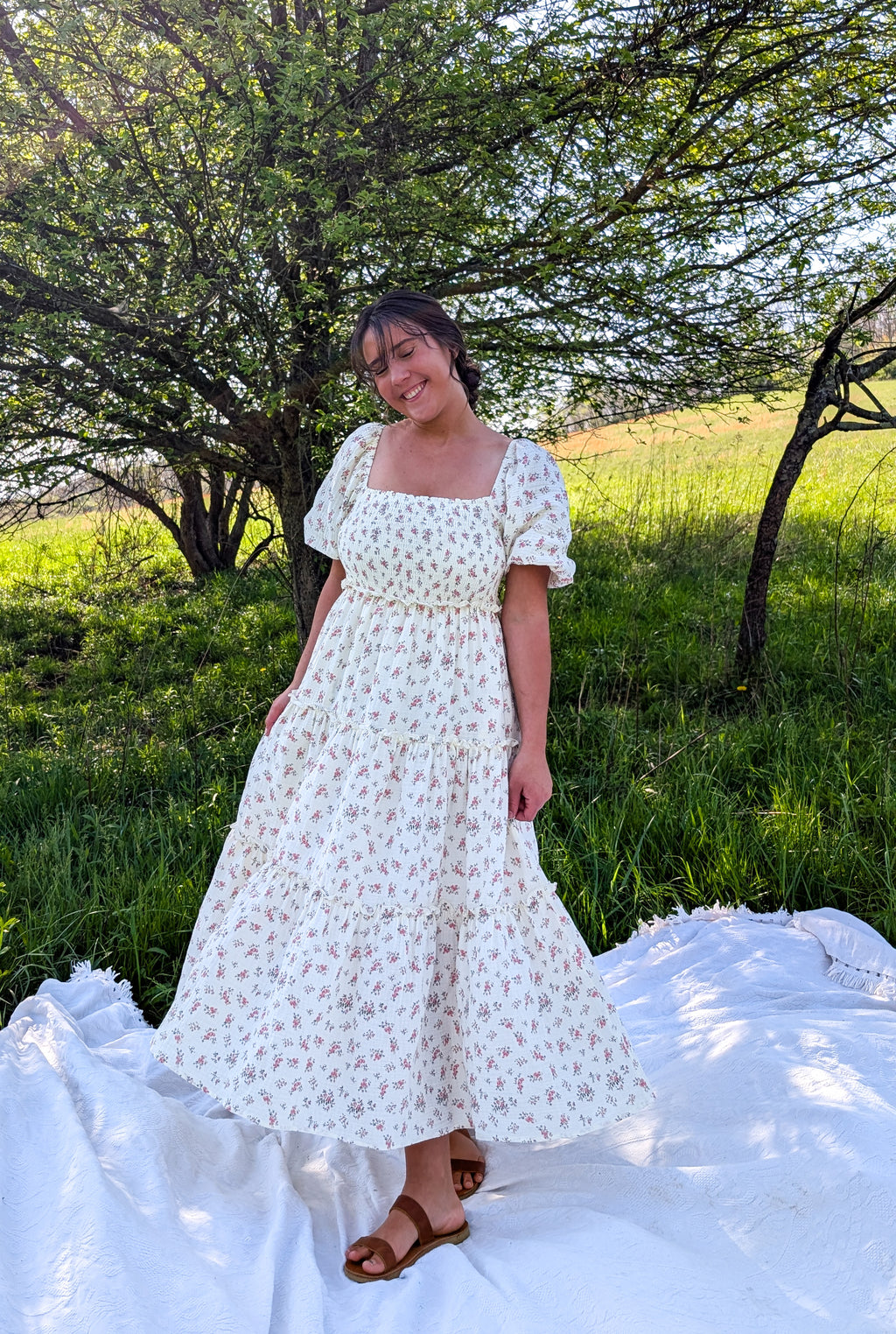 'Rose' Cotton Tiered Maxi Dress in Ivory