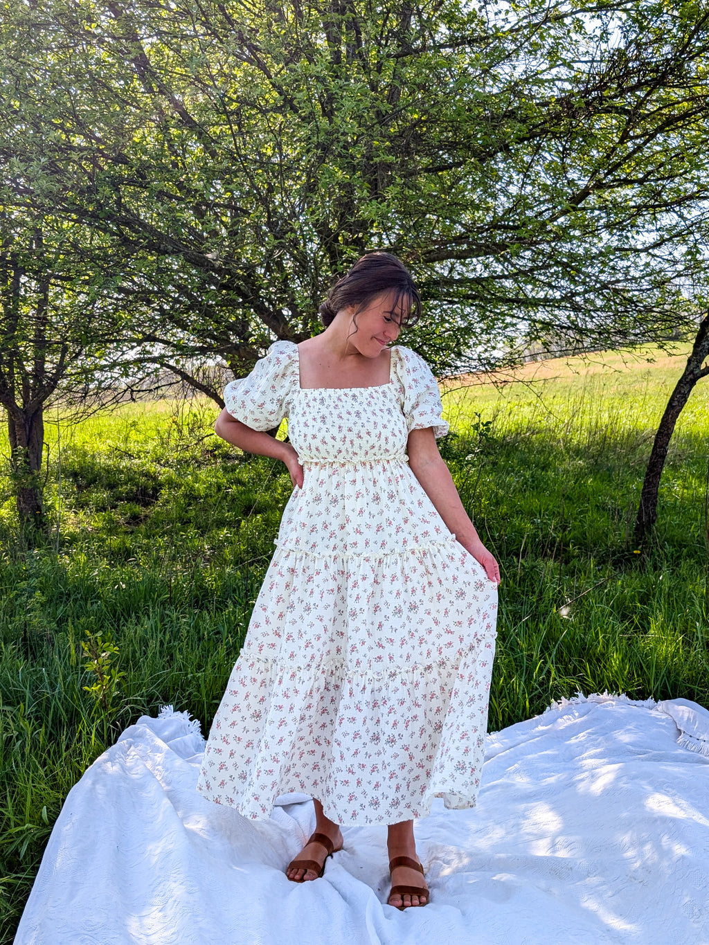 'Rose' Cotton Tiered Maxi Dress in Ivory