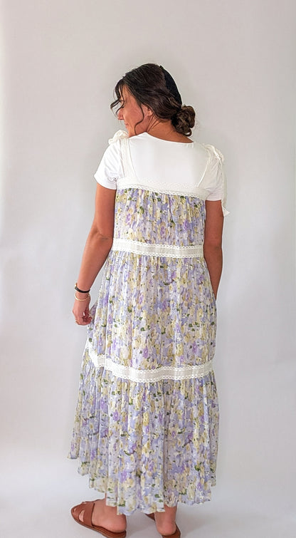 'Nora' Floral Print Jumper Dress in Lavender
