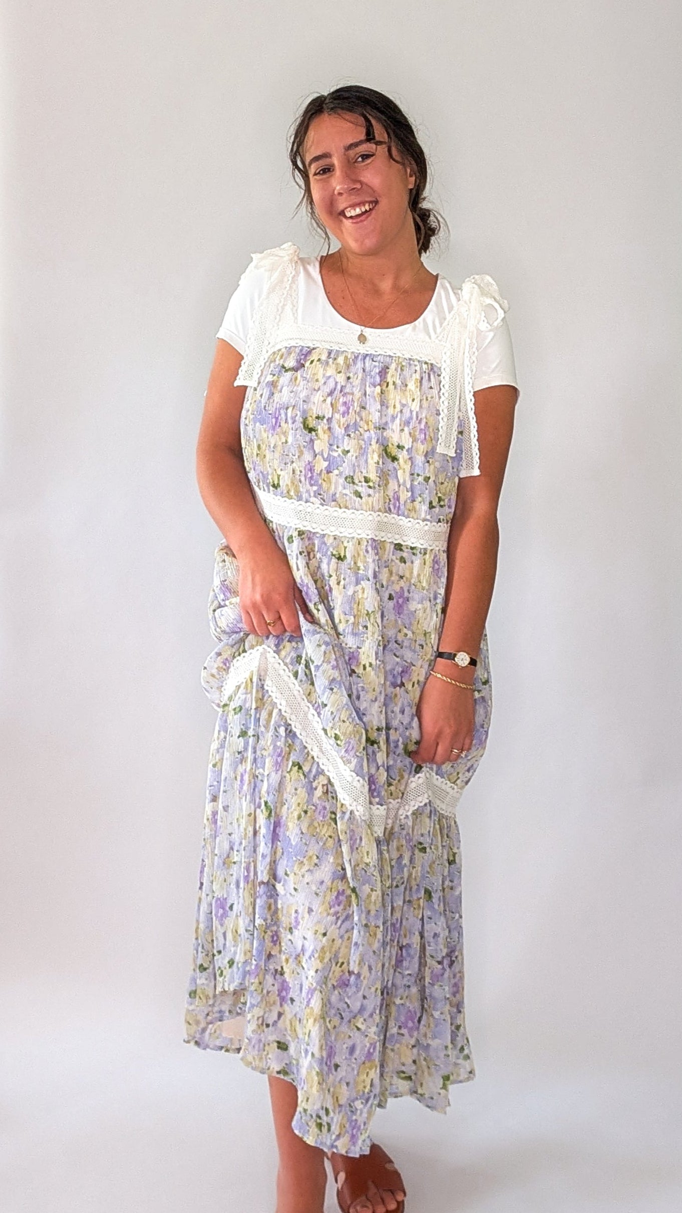 'Nora' Floral Print Jumper Dress in Lavender