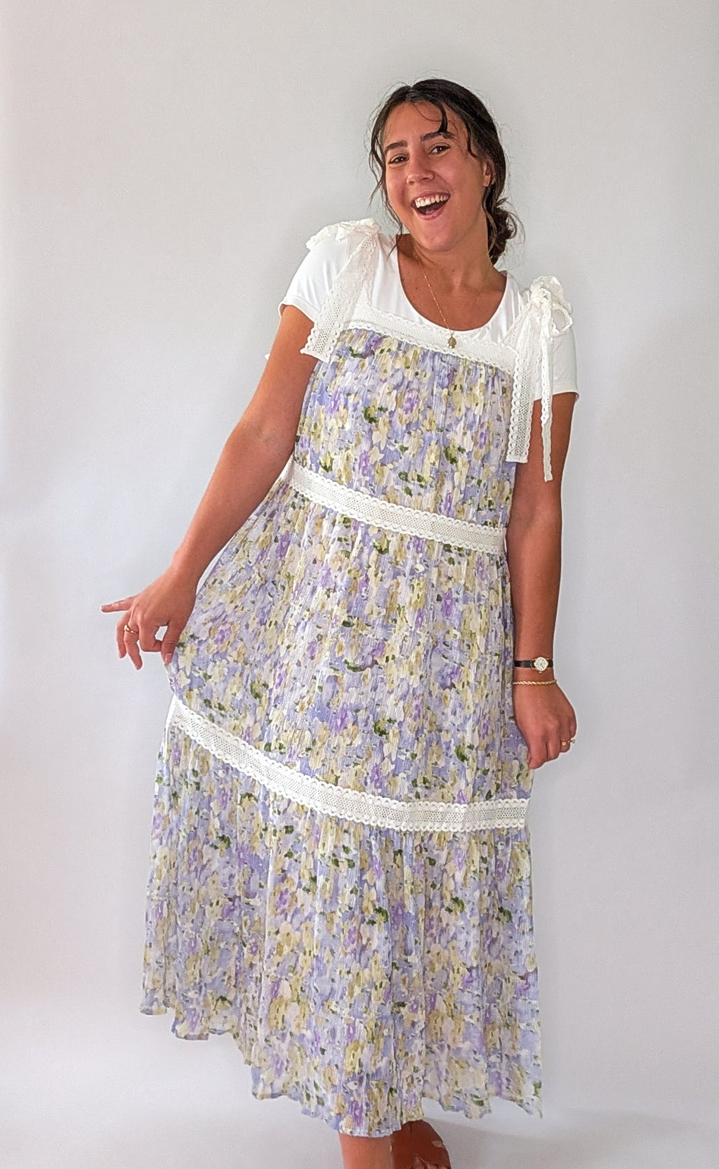 'Nora' Floral Print Jumper Dress in Lavender FINAL SALE