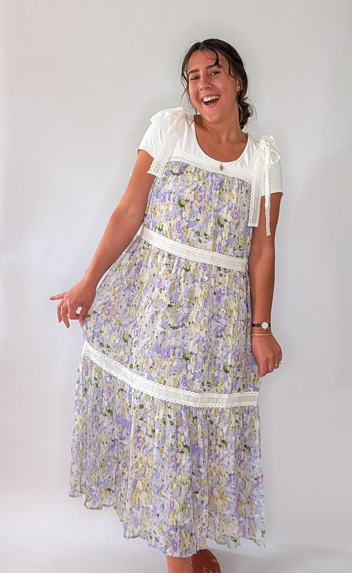 'Nora' Floral Print Jumper Dress in Lavender FINAL SALE