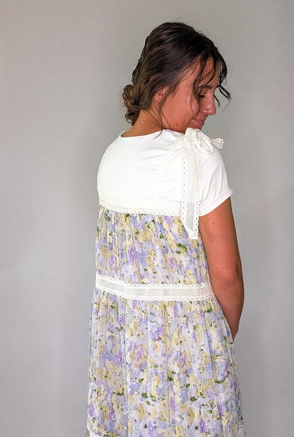 'Nora' Floral Print Jumper Dress in Lavender