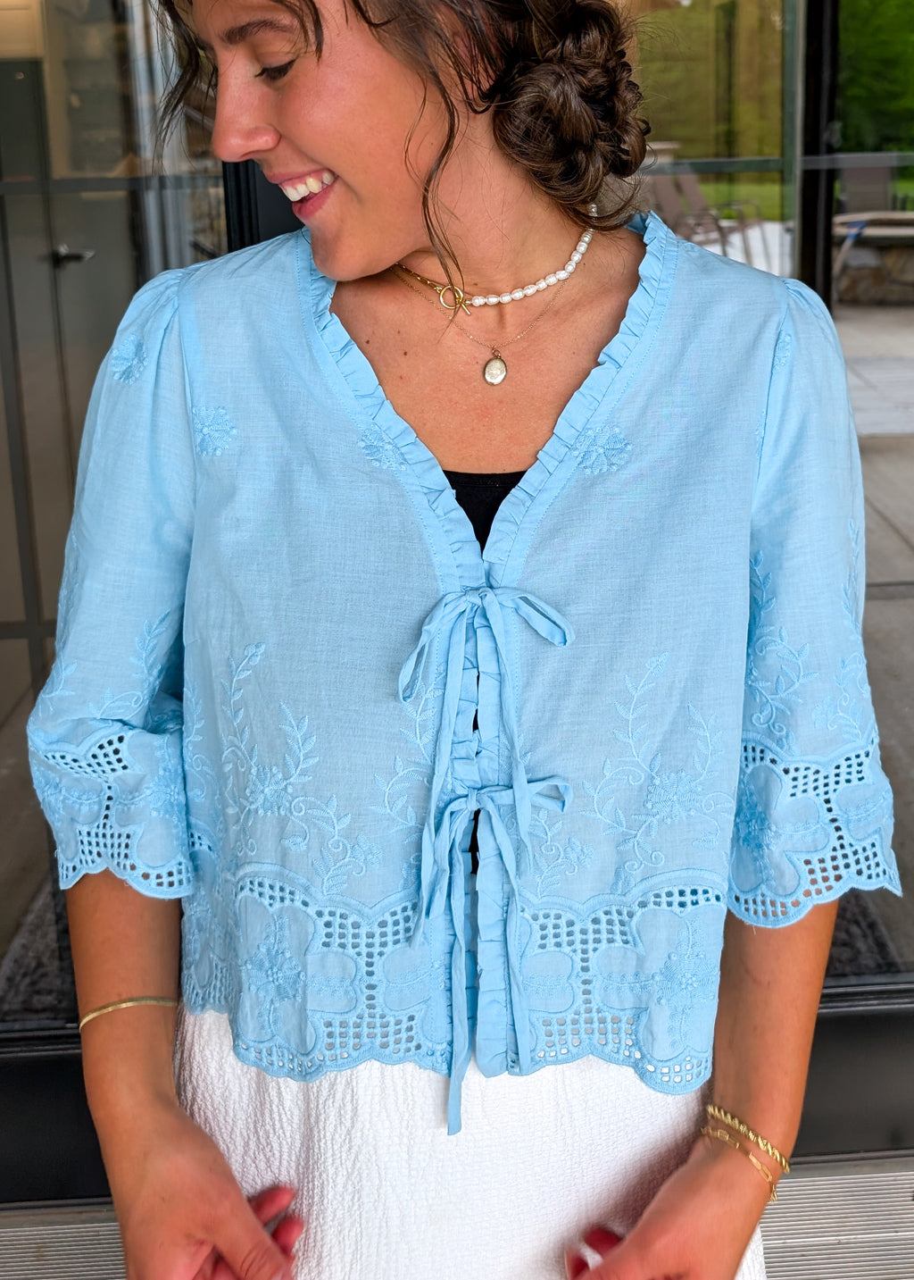 The 'Annie' Cotton Tie Top in Blue