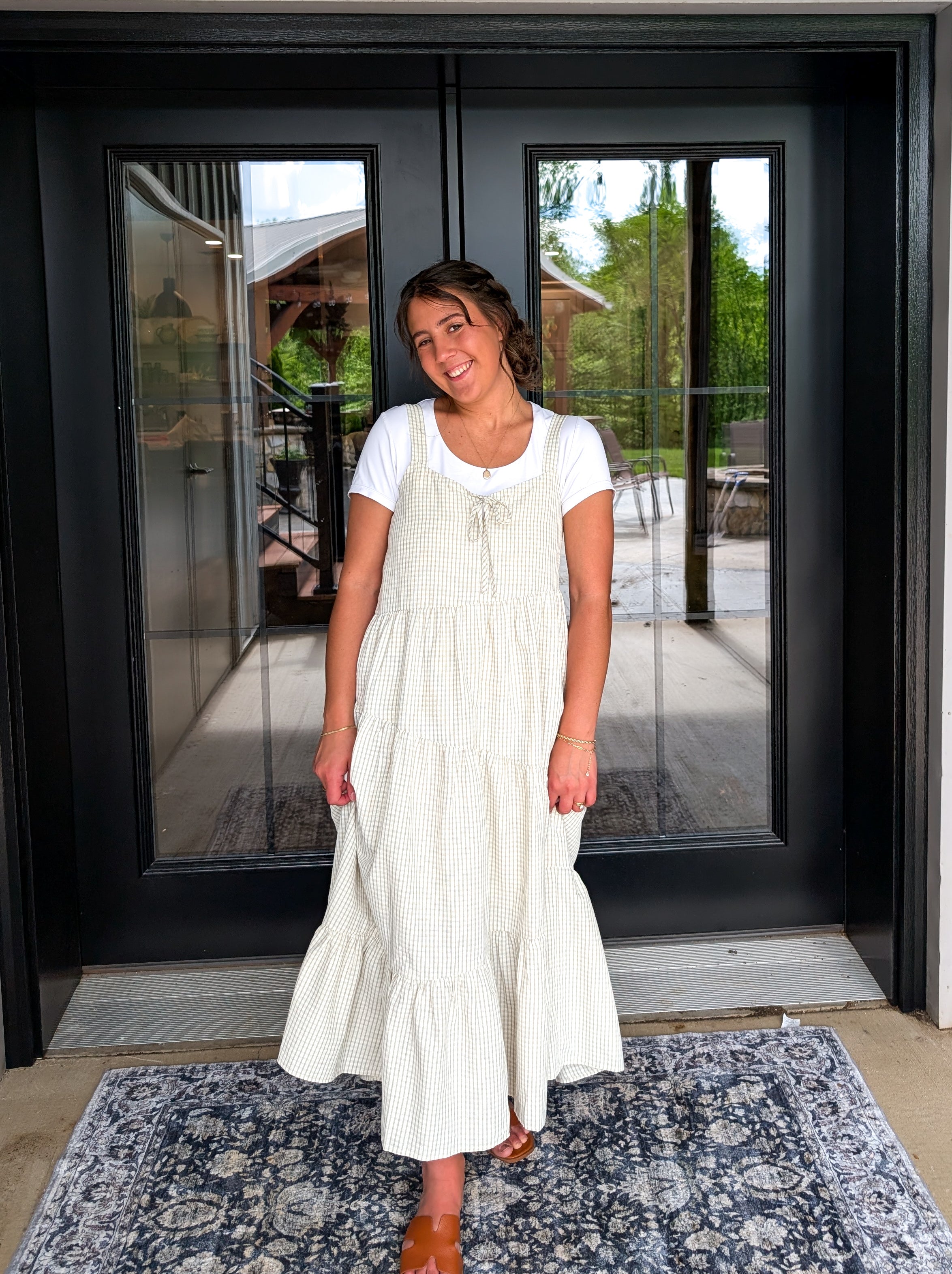 'Margot' Gingham Maxi Dress in Beige