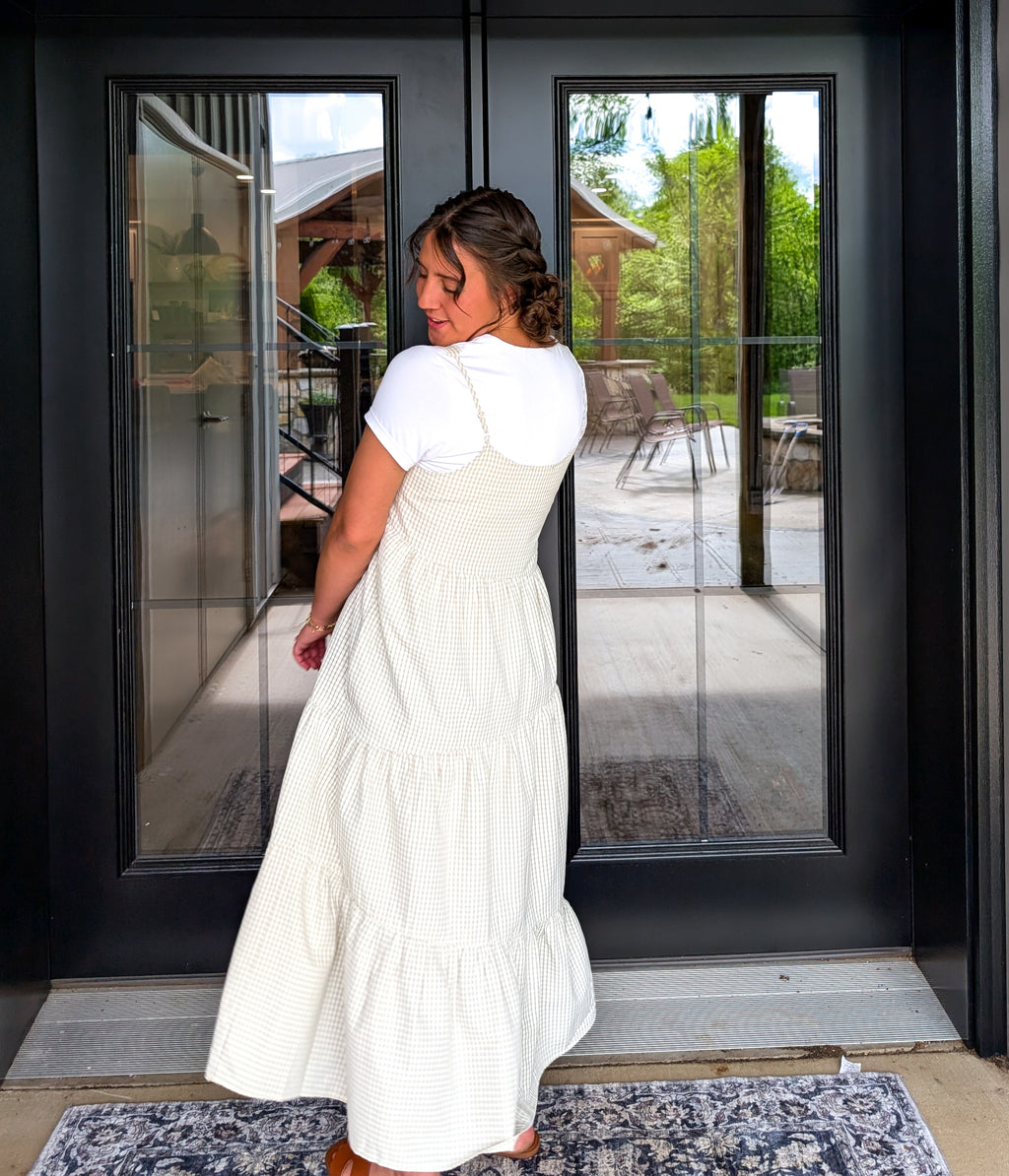 'Margot' Gingham Maxi Dress in Beige