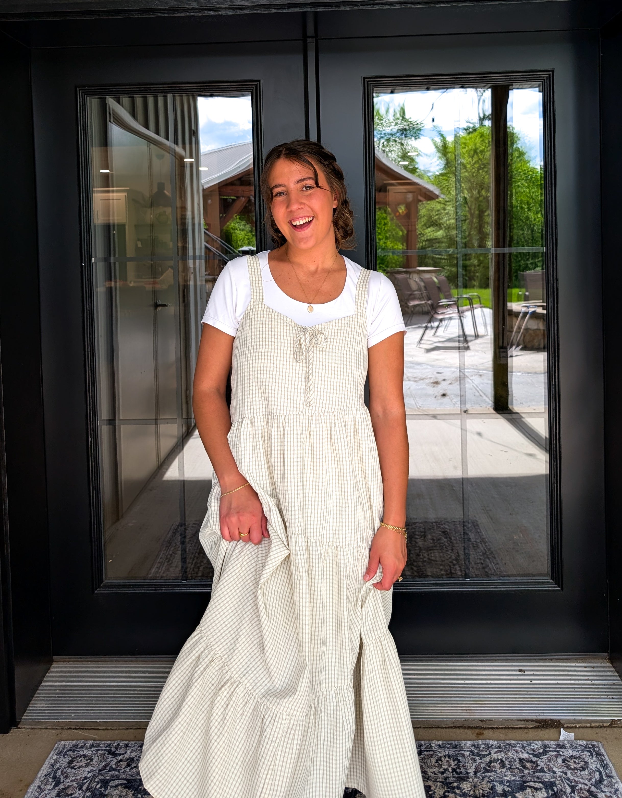 'Margot' Gingham Maxi Dress in Beige