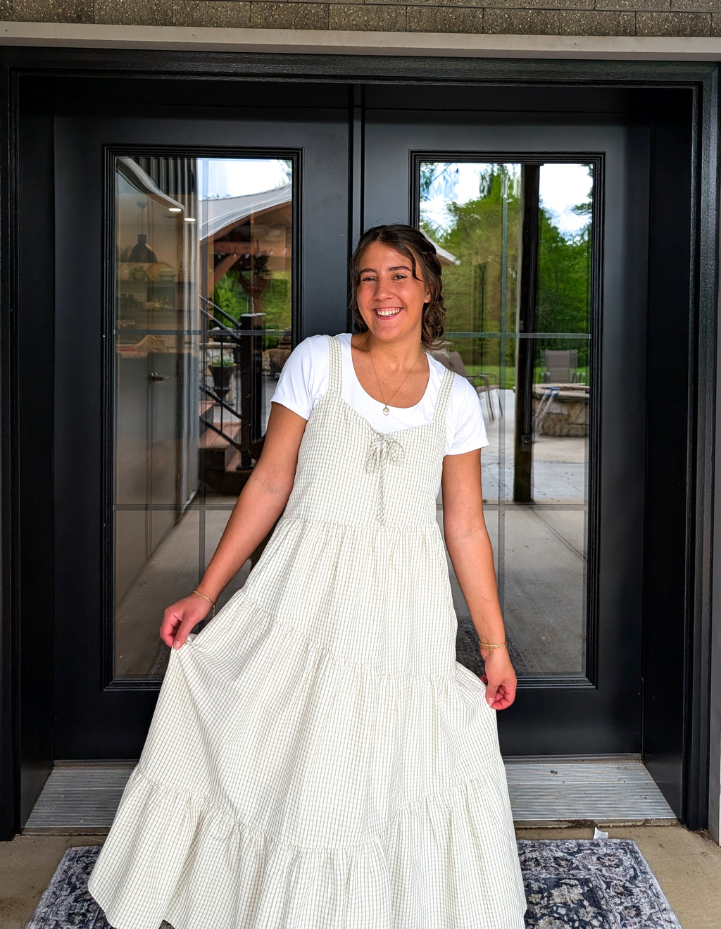 'Margot' Gingham Maxi Dress in Beige