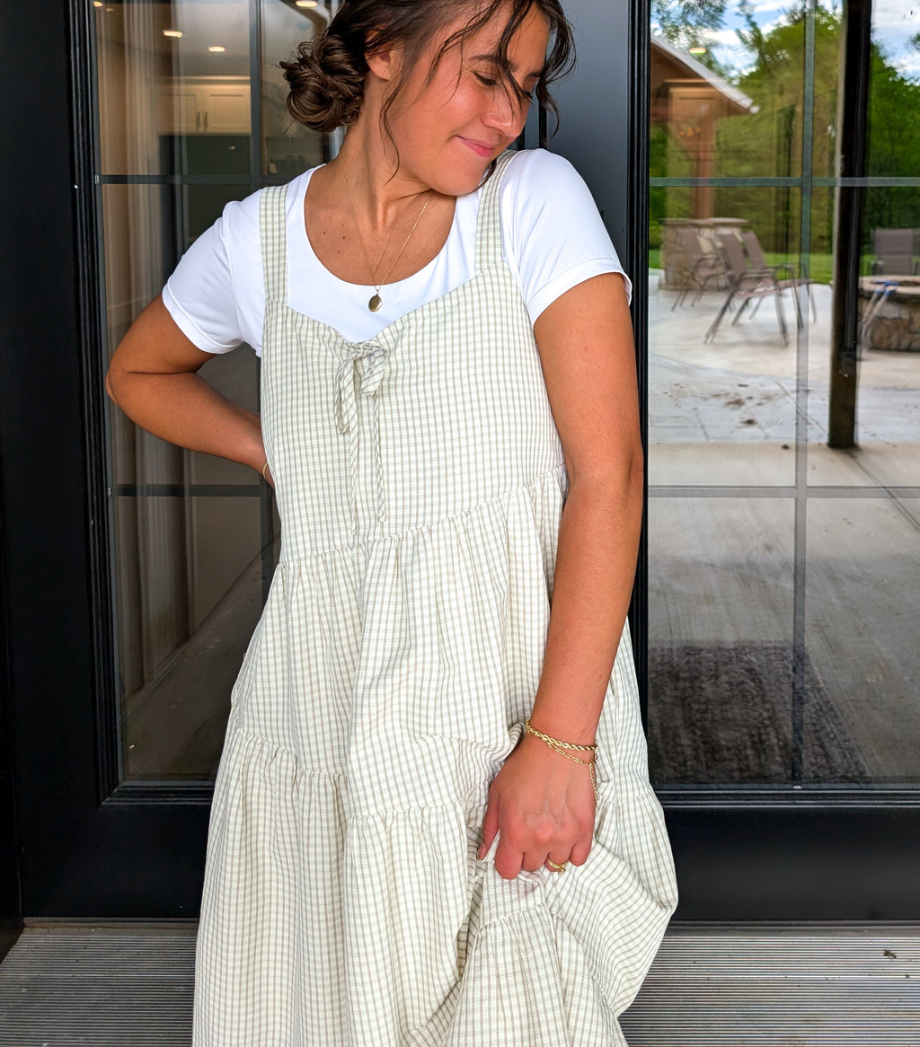 'Margot' Gingham Maxi Dress in Beige