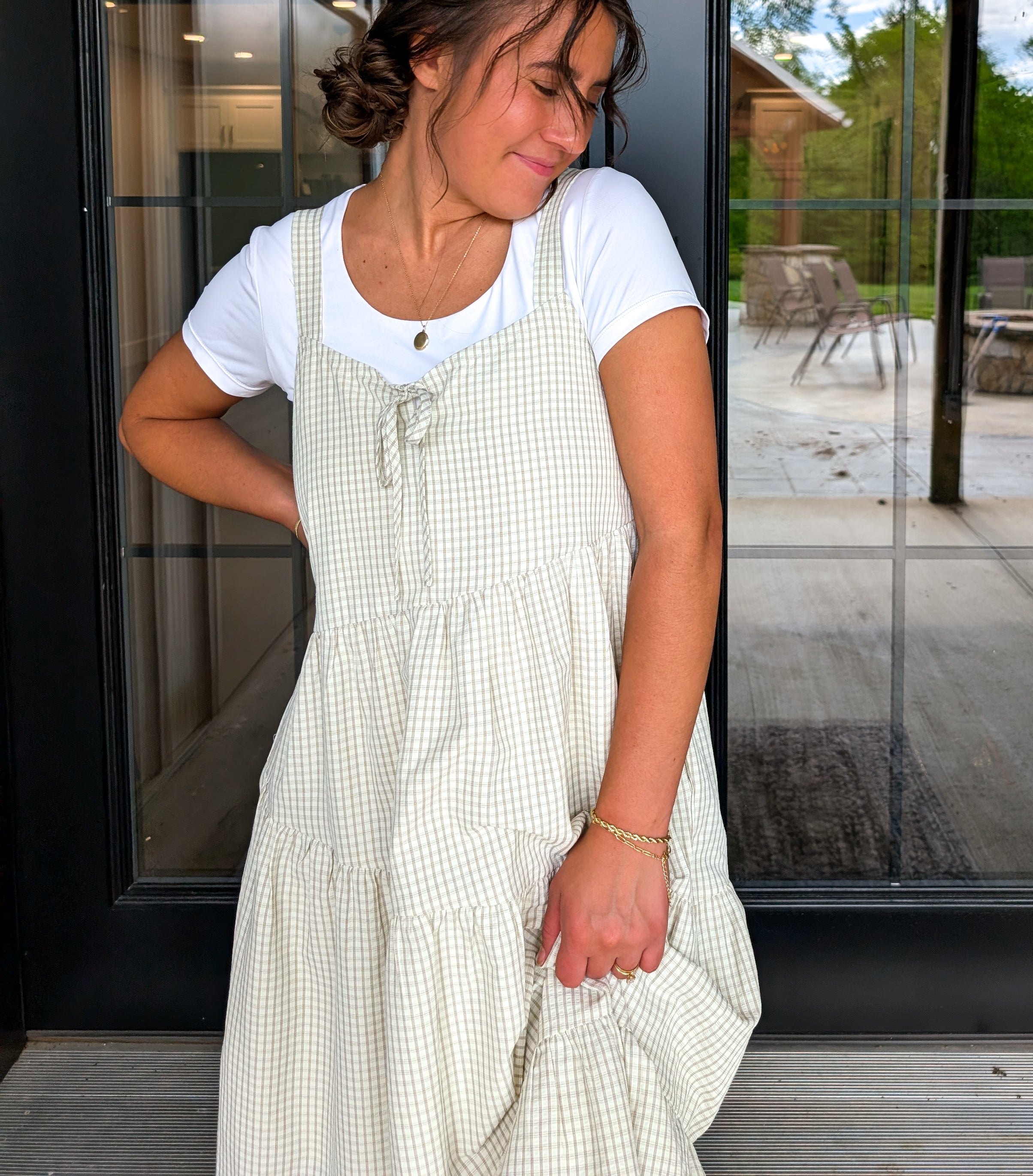 'Margot' Gingham Maxi Dress in Beige