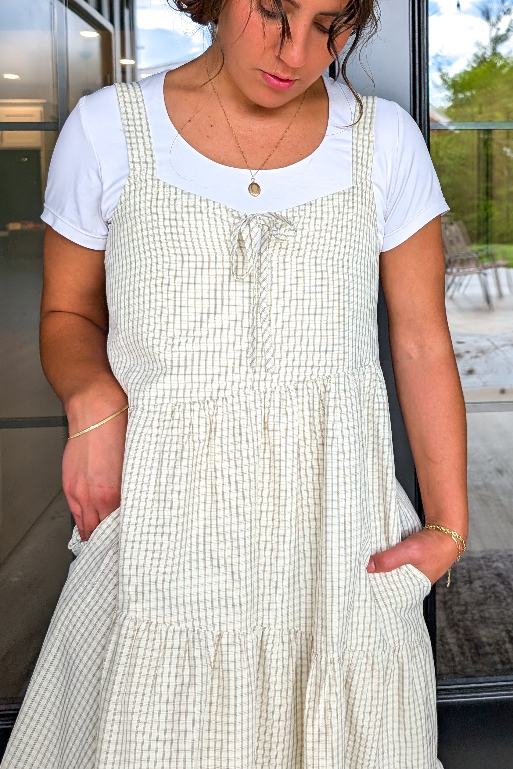 'Margot' Gingham Maxi Dress in Beige - S 'Margot' Gingham Maxi Dress in Beige - S