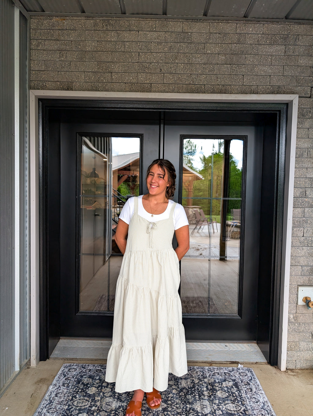 'Margot' Gingham Maxi Dress in Beige