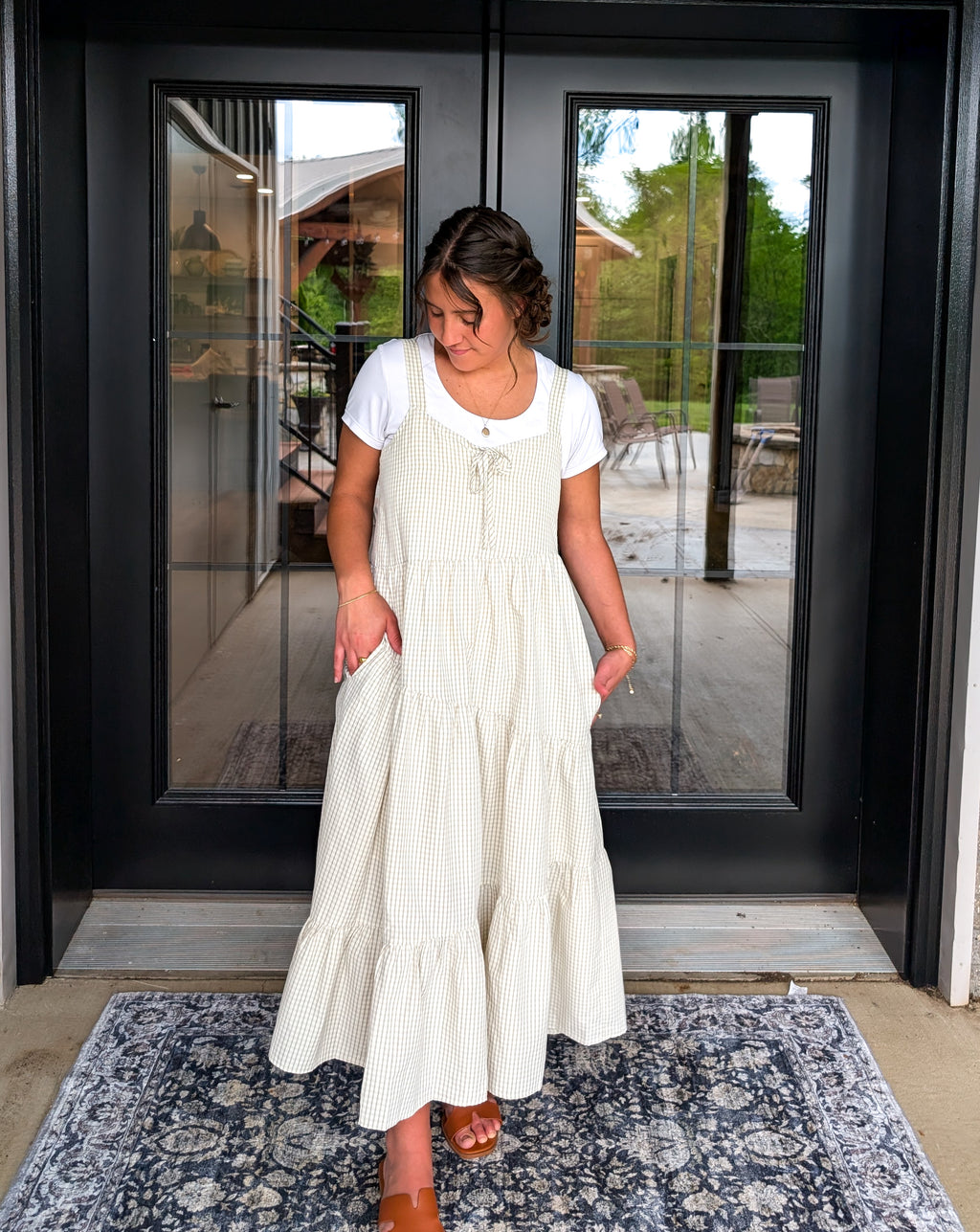 'Margot' Gingham Maxi Dress in Beige