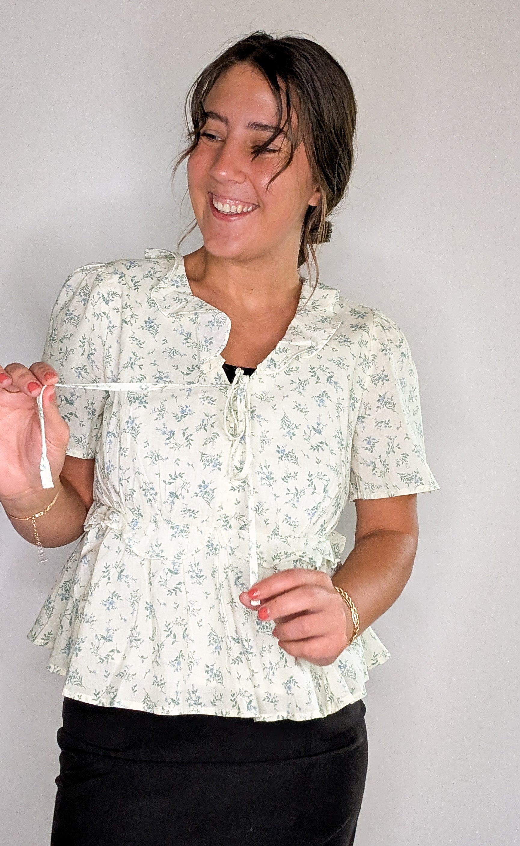 'Violet' Floral Top in Cream