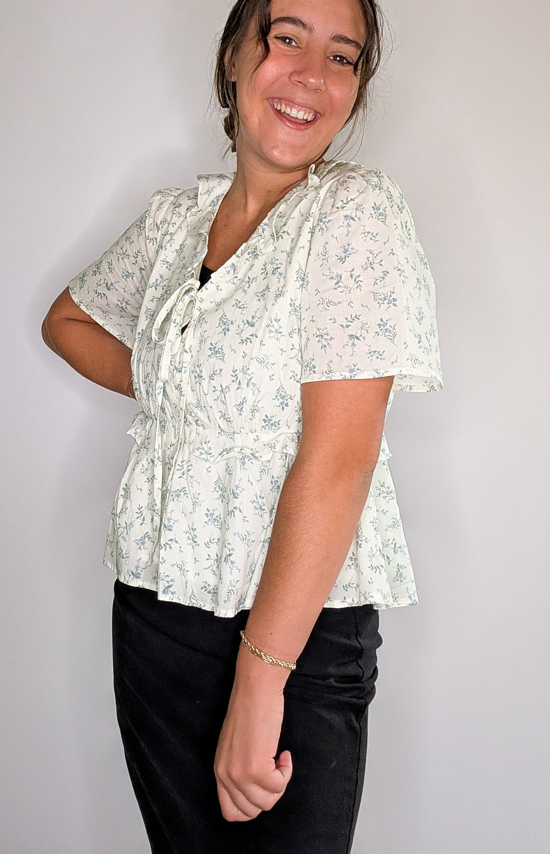 'Violet' Floral Top in Cream