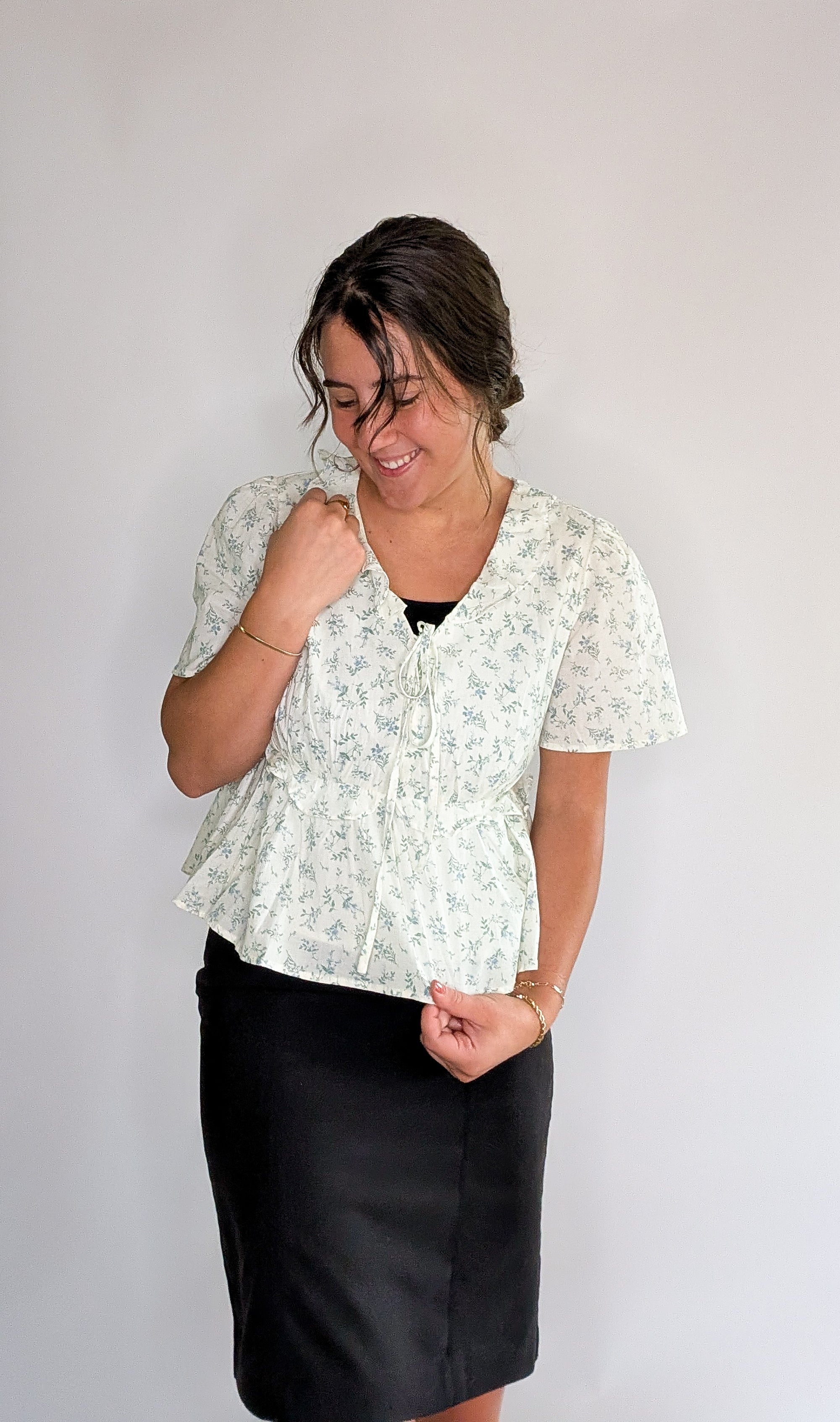 'Violet' Floral Top in Cream