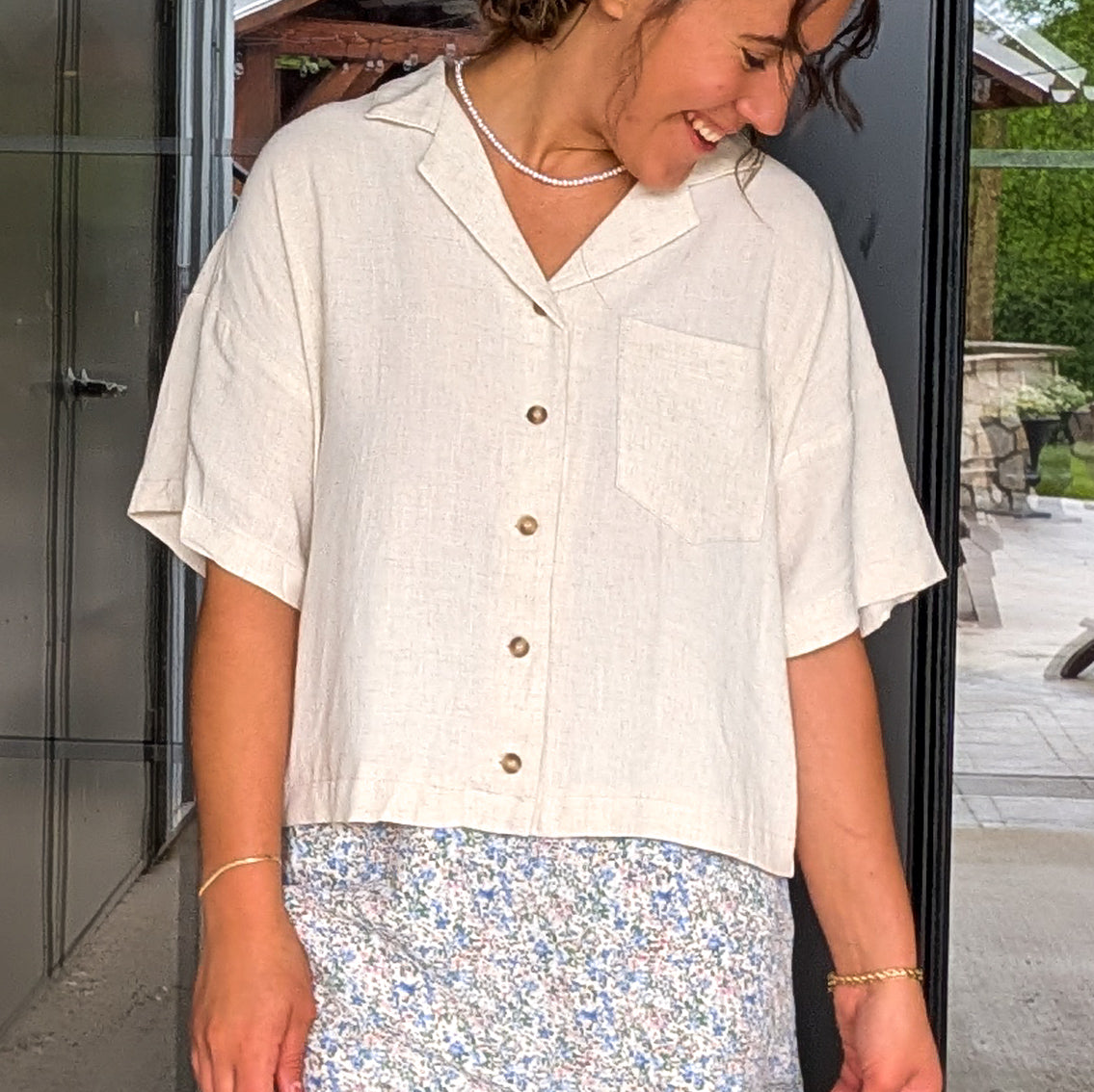 'Reese' Linen Blend Top in Tan