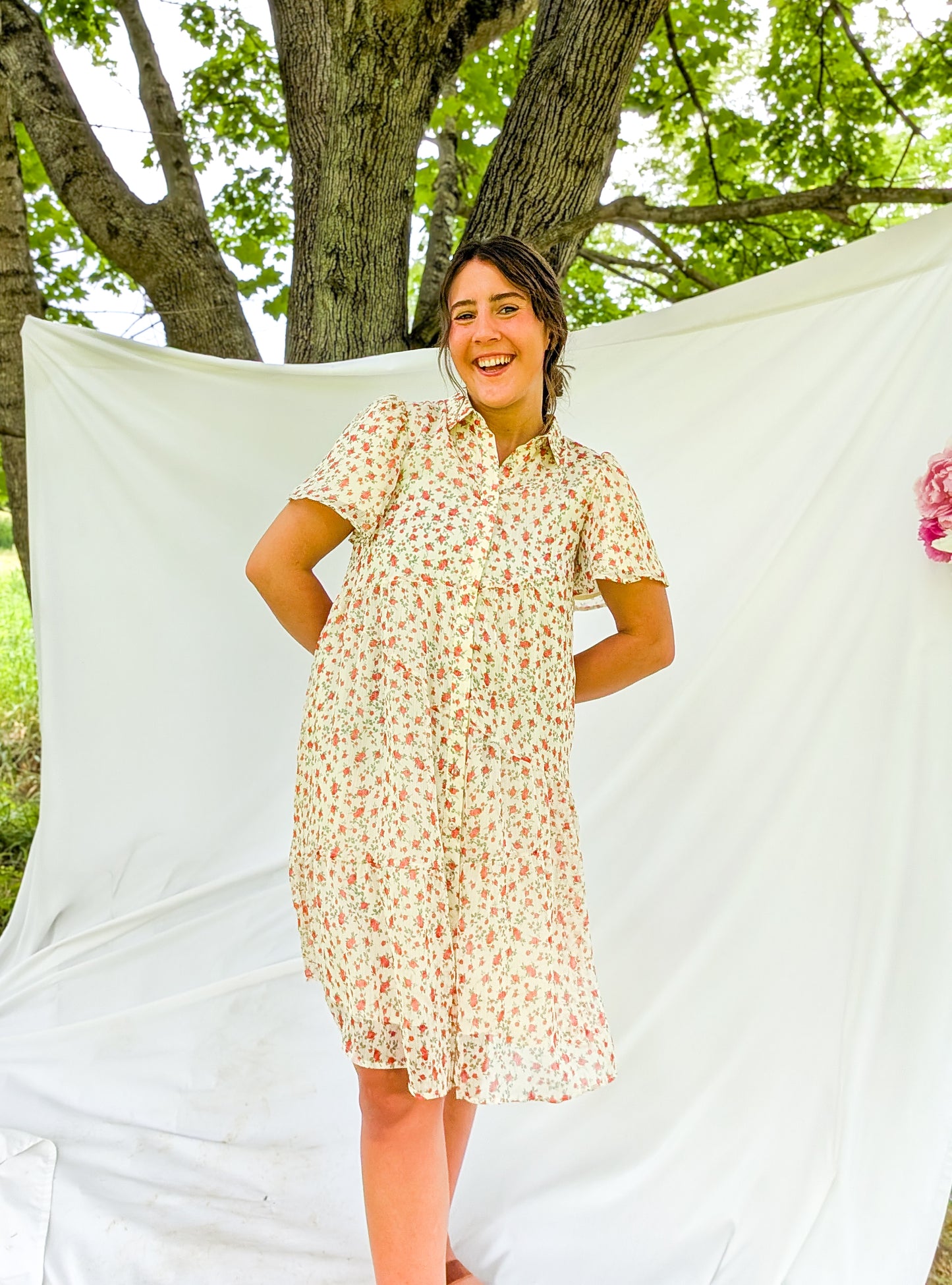 'Tessa' Button Down Midi Dress in Cream