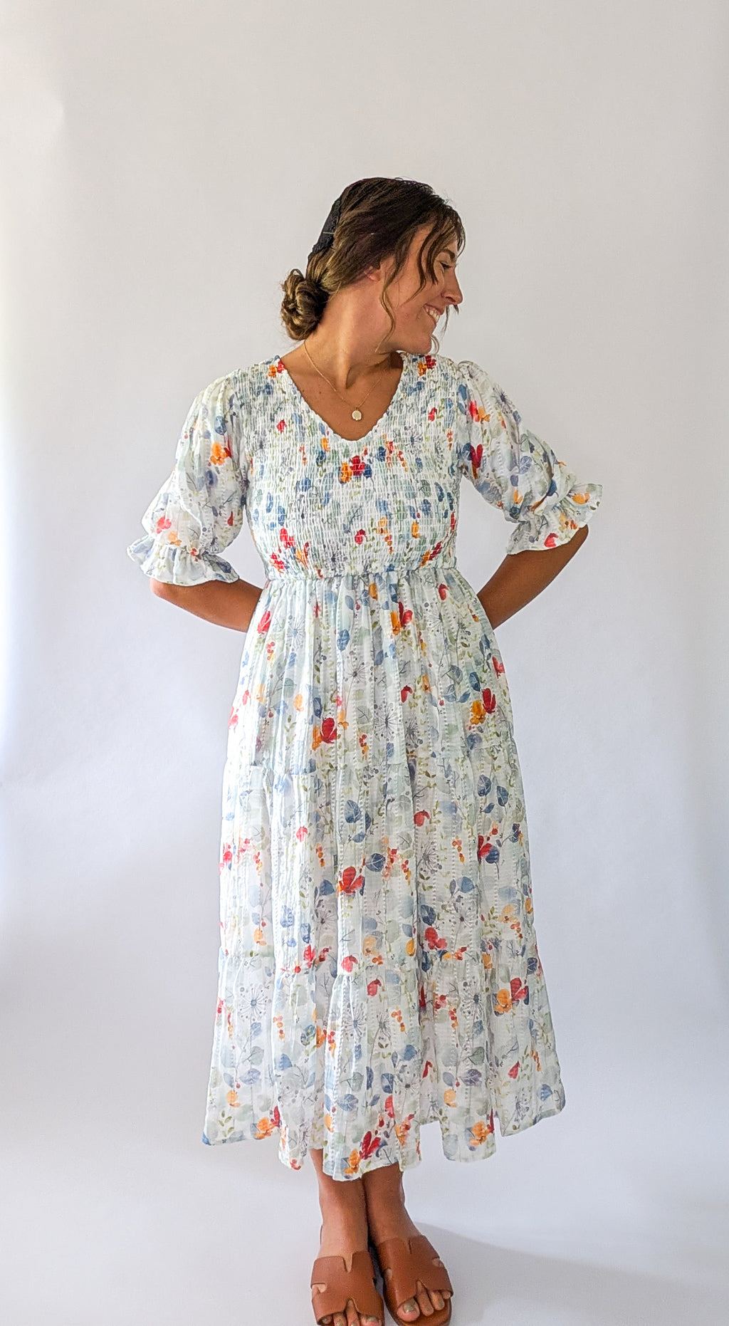 'Forest' floral Midi Dress in Ivory