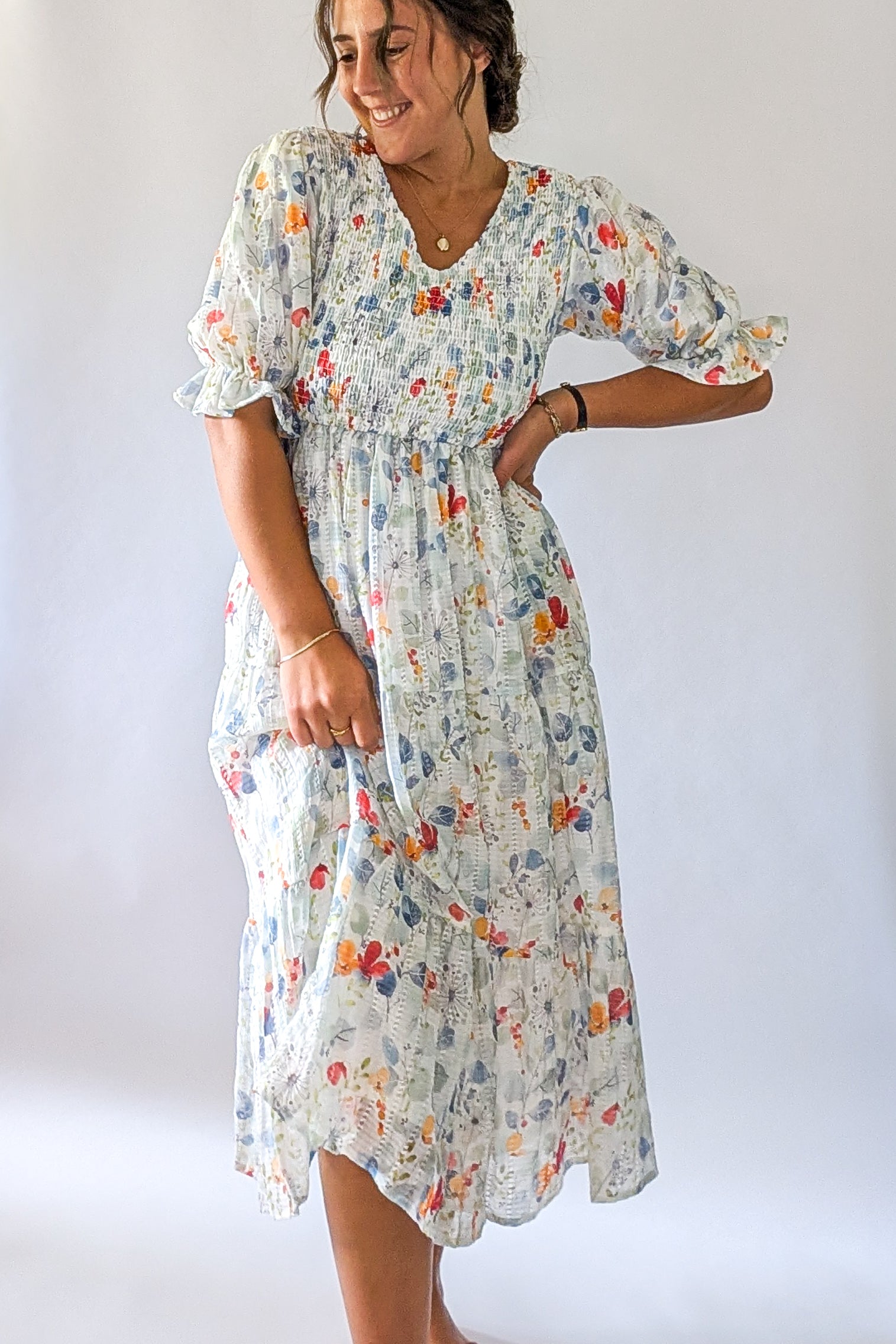 'Forest' floral Midi Dress in Ivory