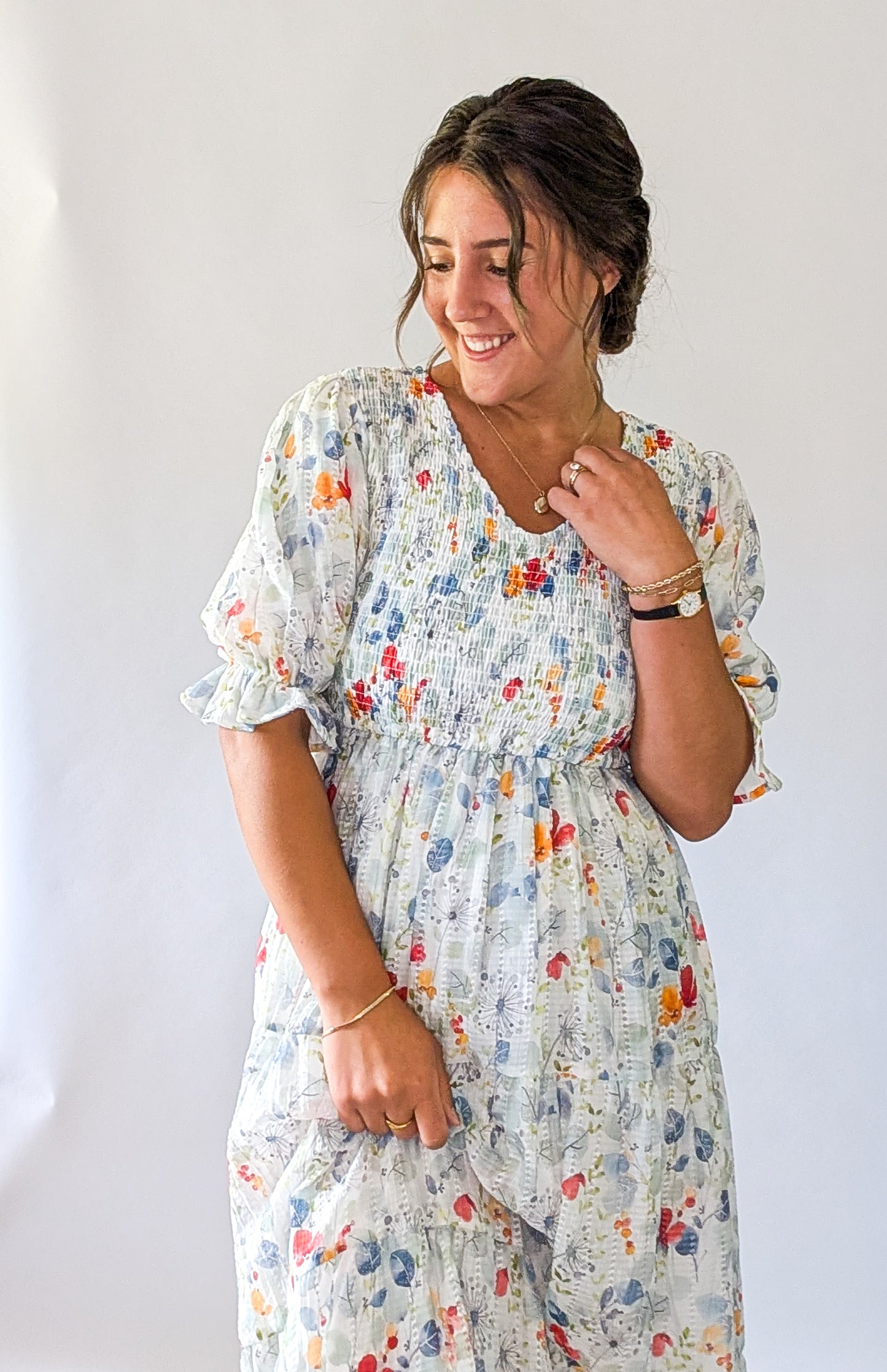 'Forest' floral Midi Dress in Ivory