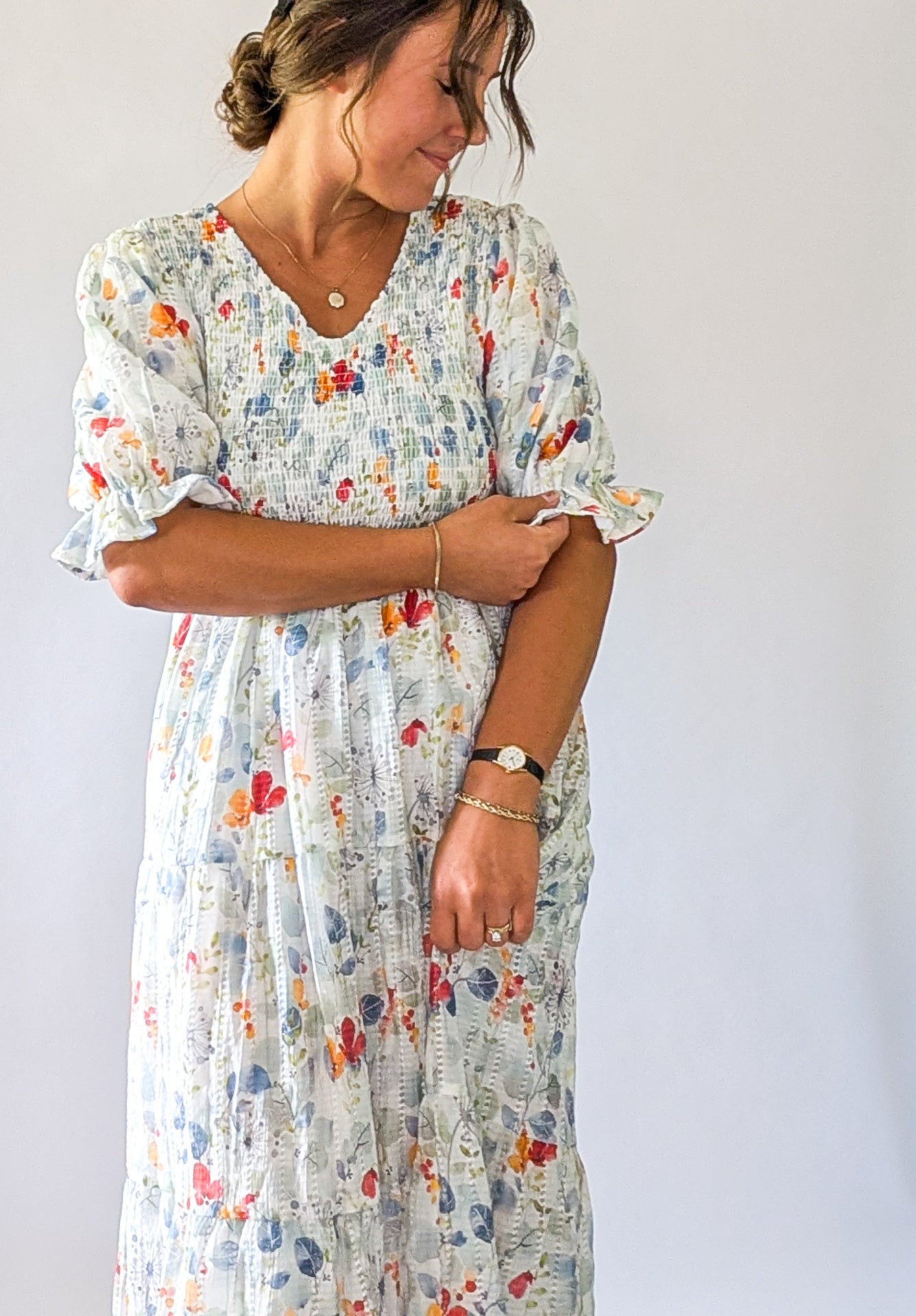 'Forest' floral Midi Dress in Ivory