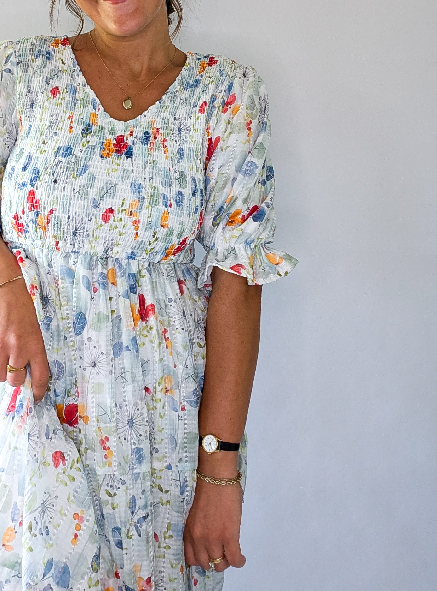 'Forest' floral Midi Dress in Ivory