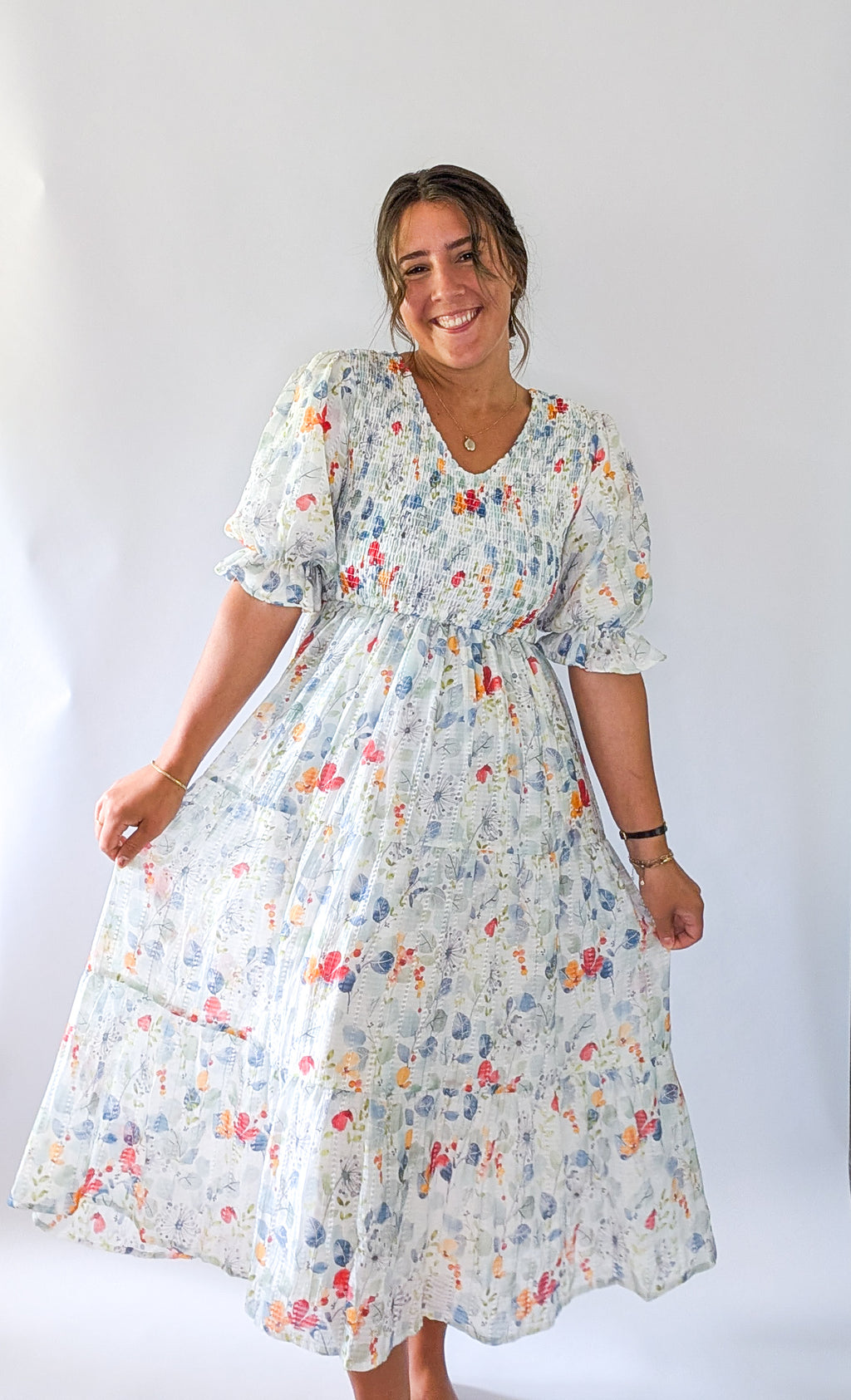 'Forest' floral Midi Dress in Ivory