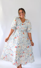 'Forest' floral Midi Dress in Ivory