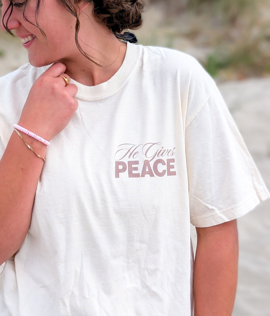 He Gives Peace Graphic Tee in Tan