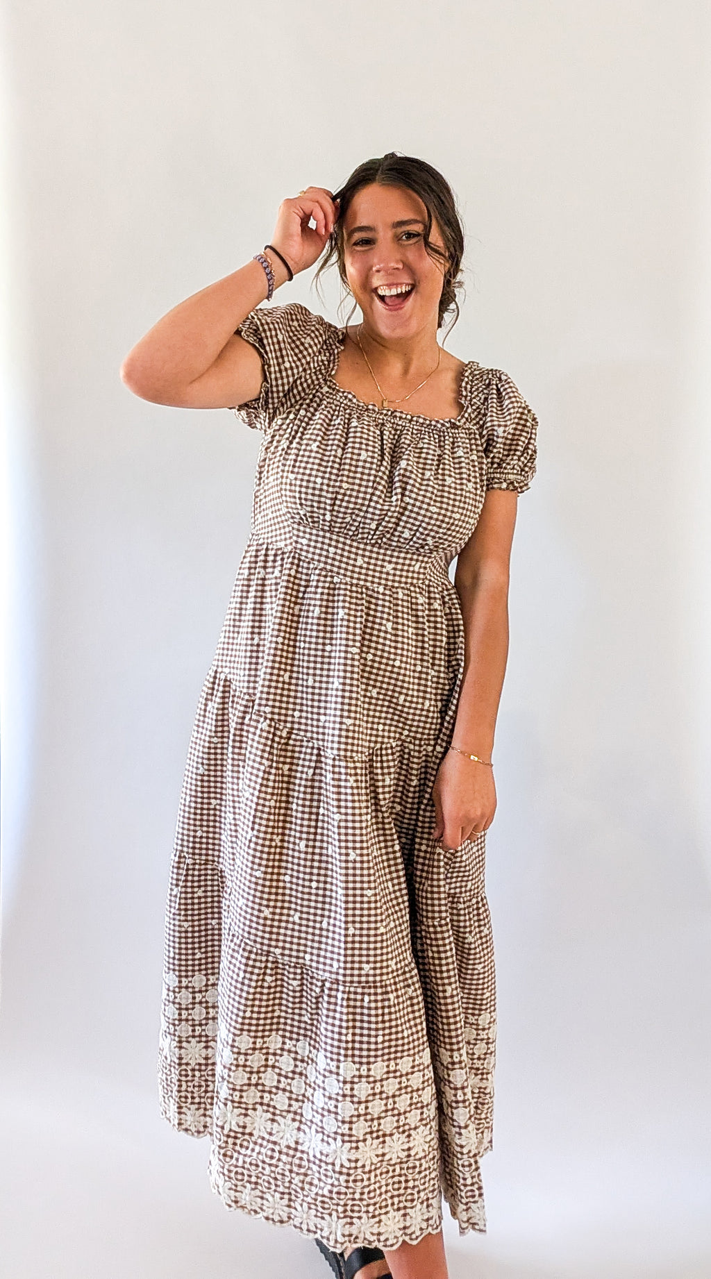 'Devin' Gingham Midi Dress in Brown