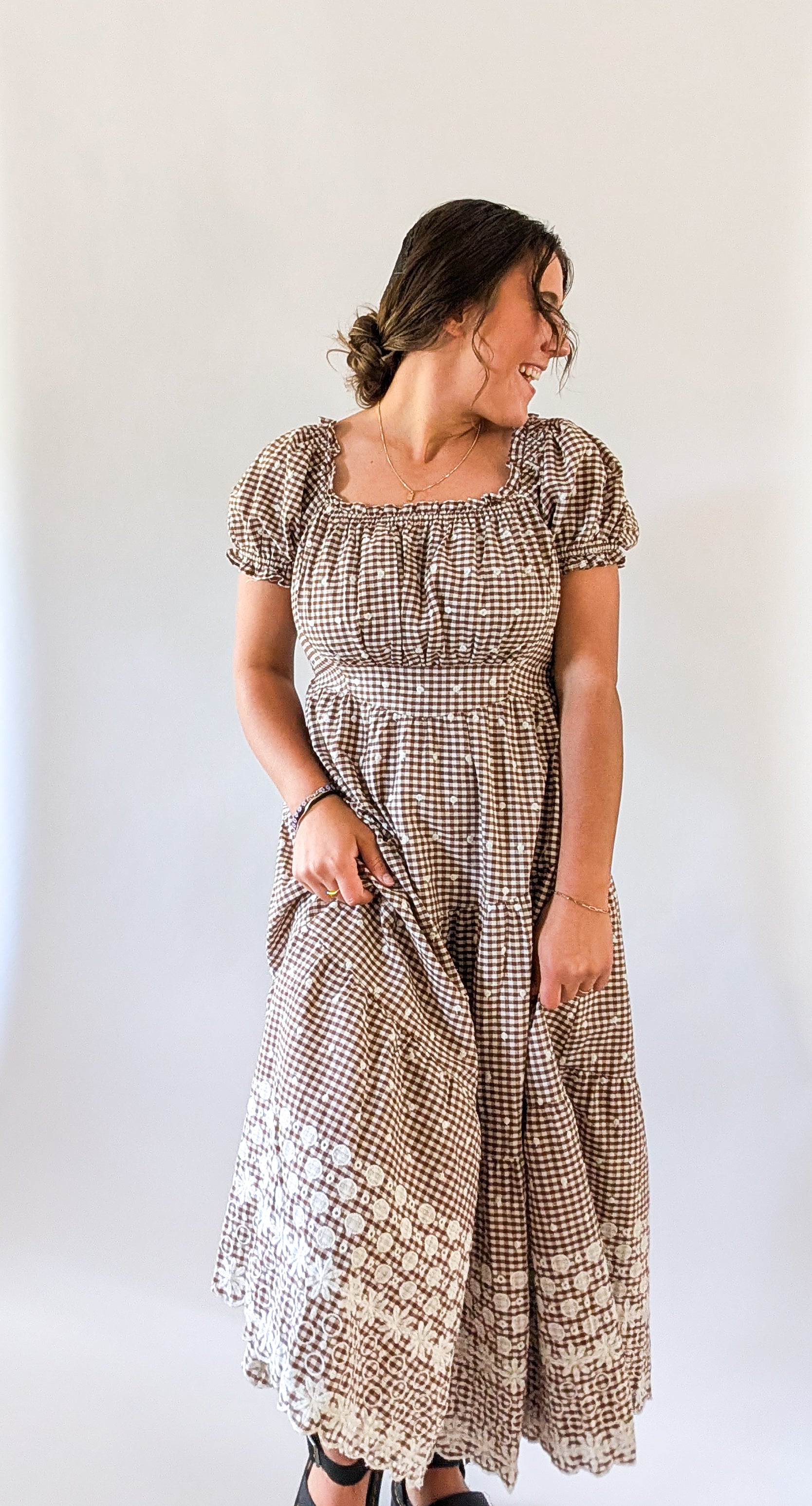 'Devin' Gingham Midi Dress in Brown