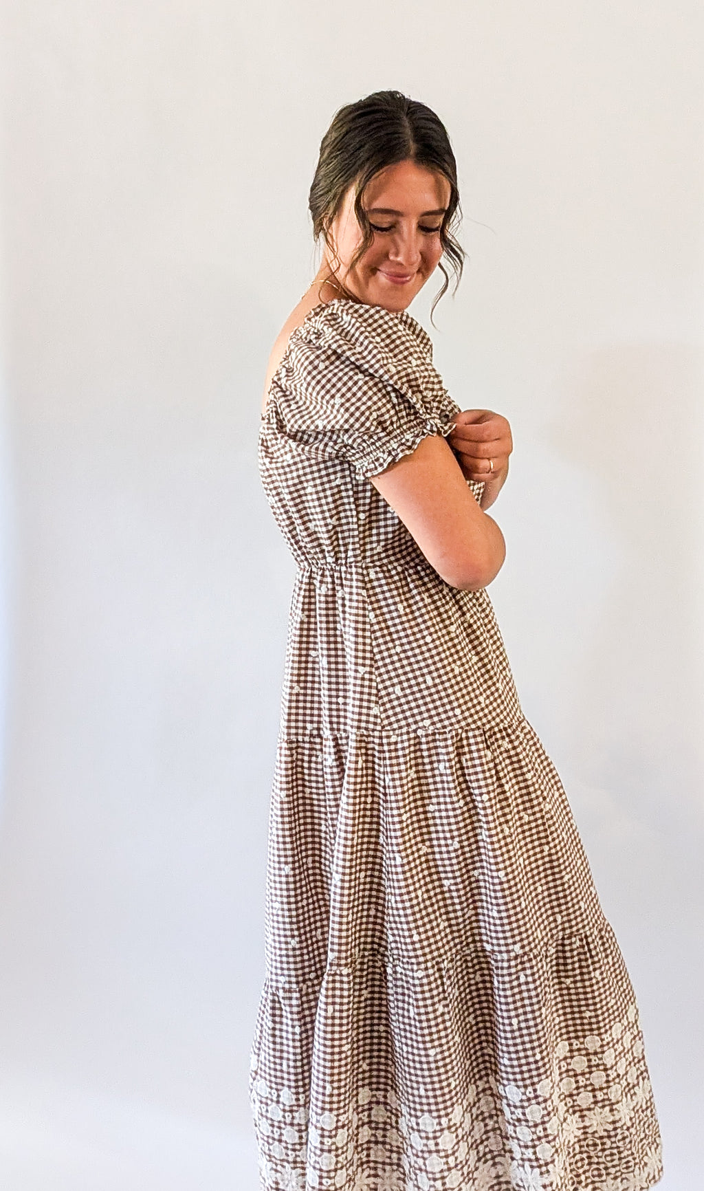 'Devin' Gingham Midi Dress in Brown