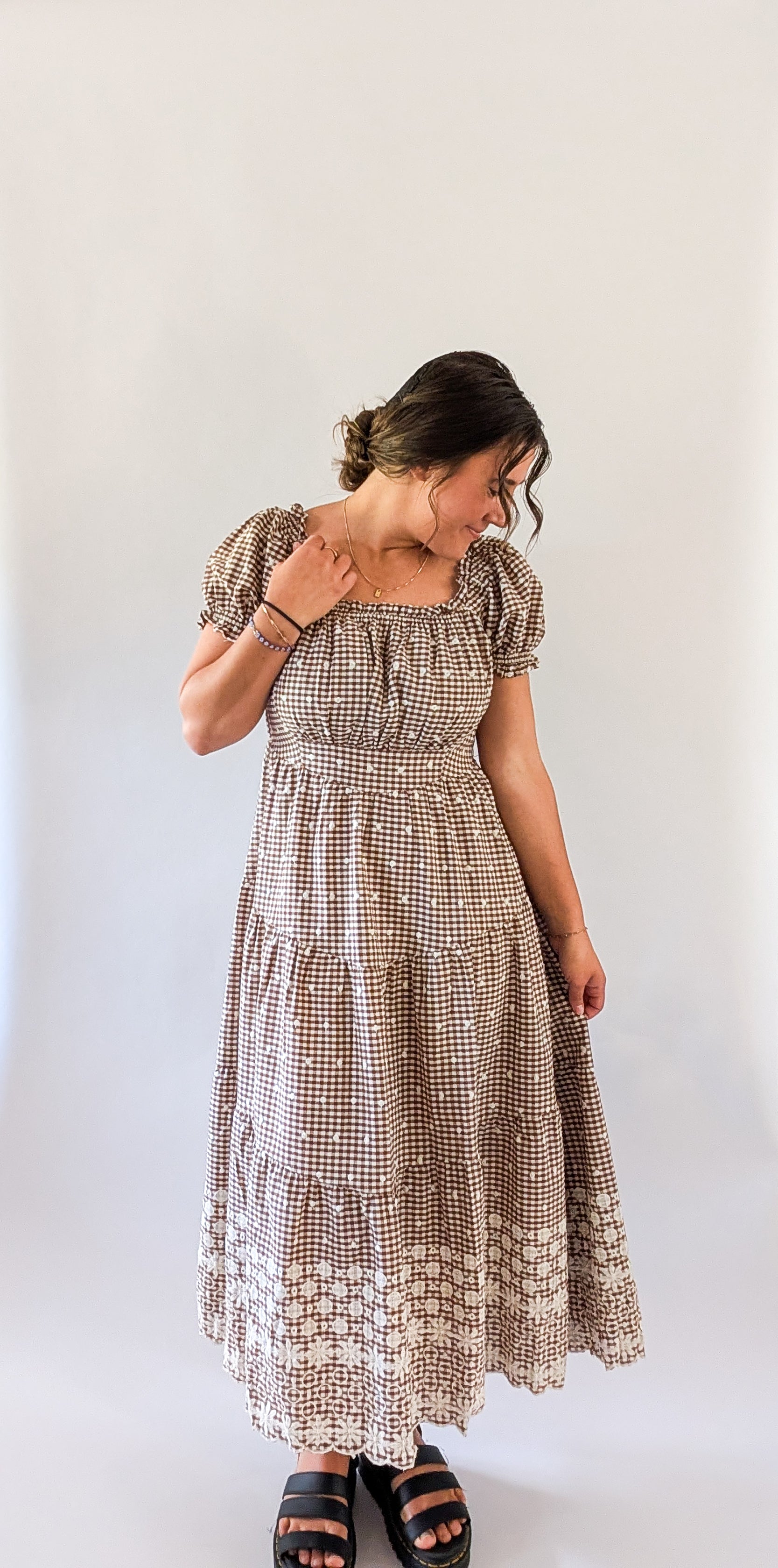 'Devin' Gingham Midi Dress in Brown