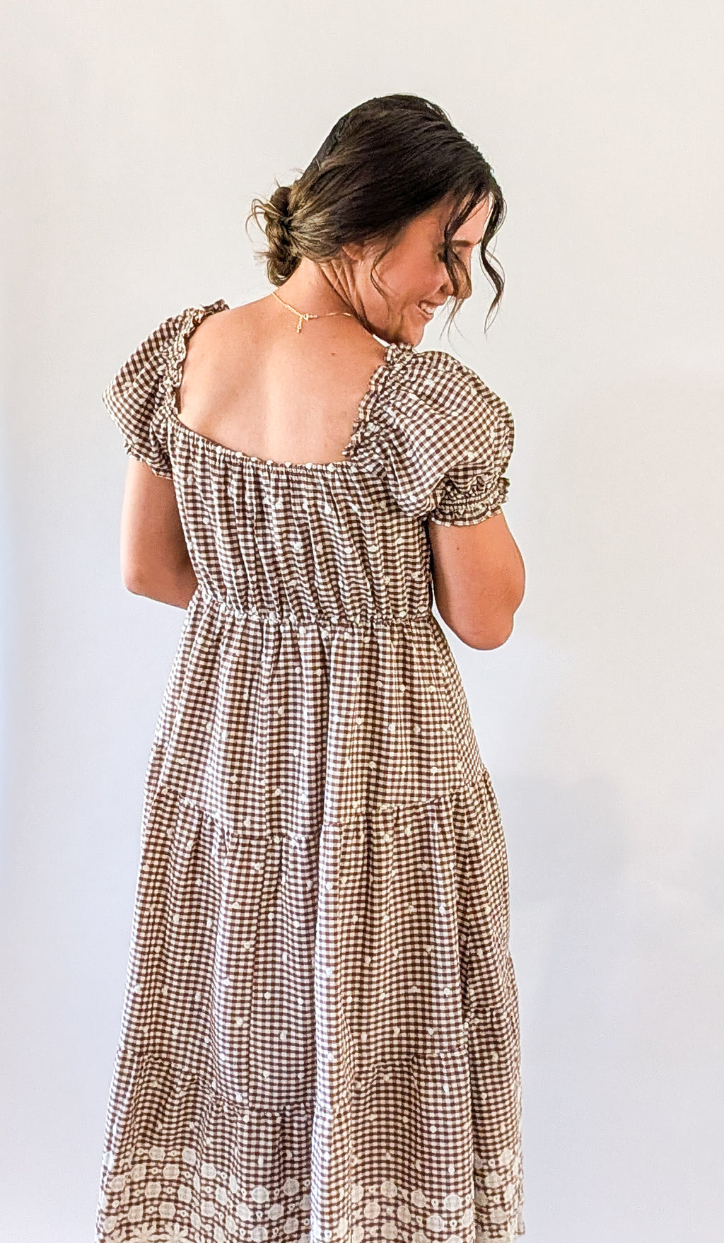 'Devin' Gingham Midi Dress in Brown