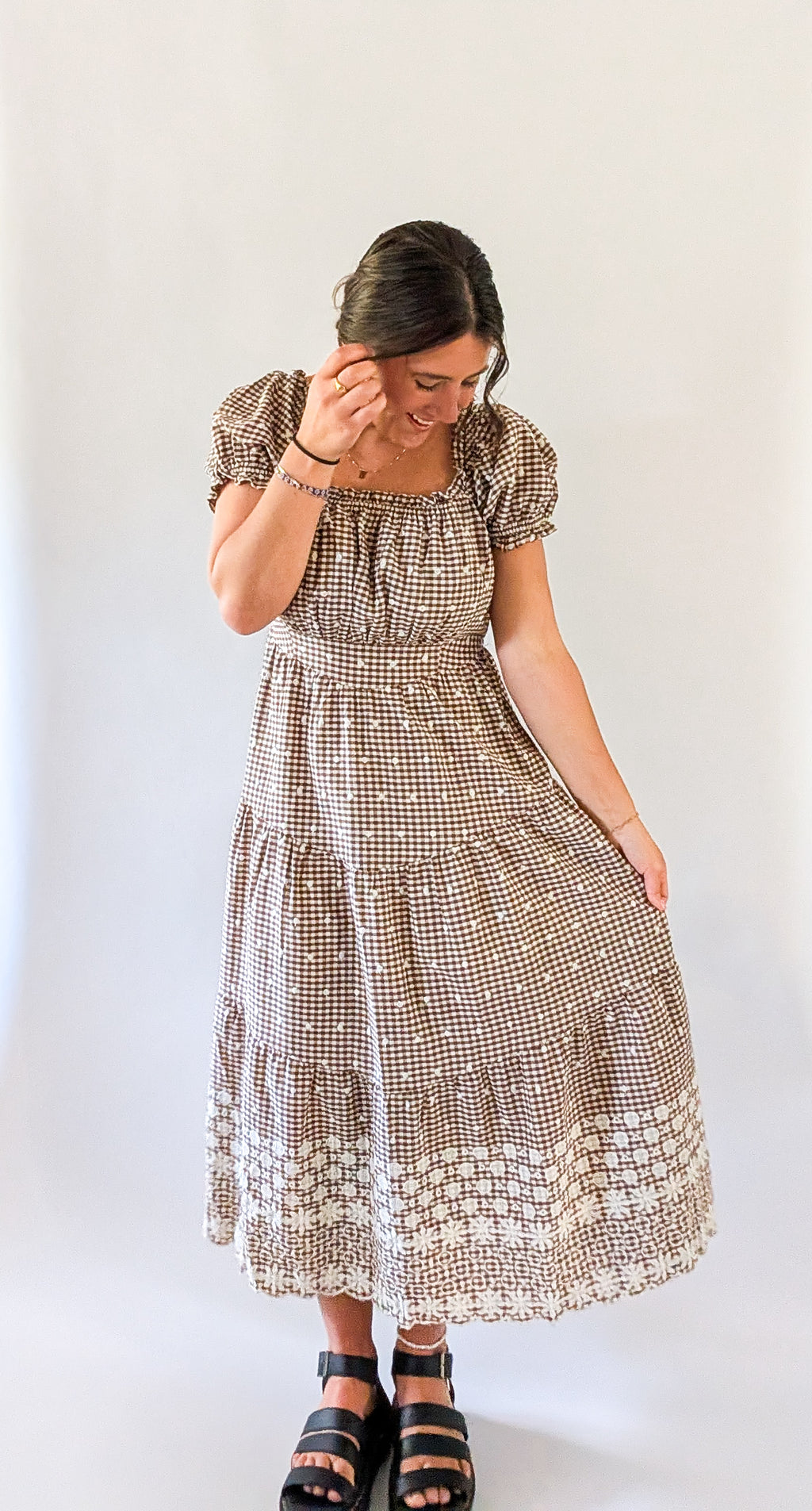 'Devin' Gingham Midi Dress in Brown