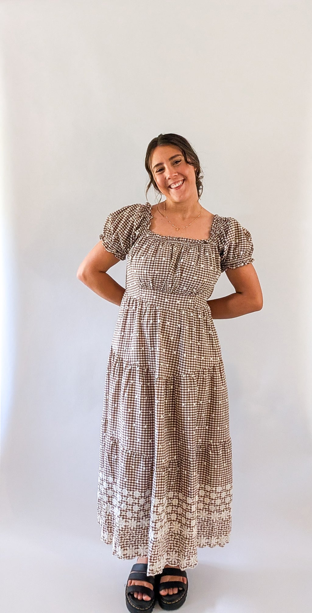'Devin' Gingham Midi Dress in Brown