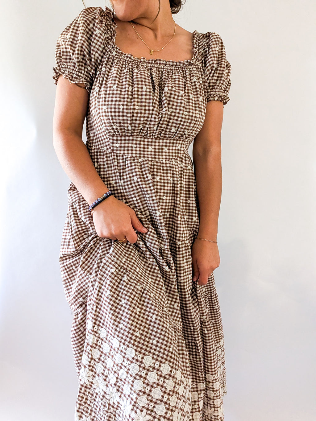 'Devin' Gingham Midi Dress in Brown