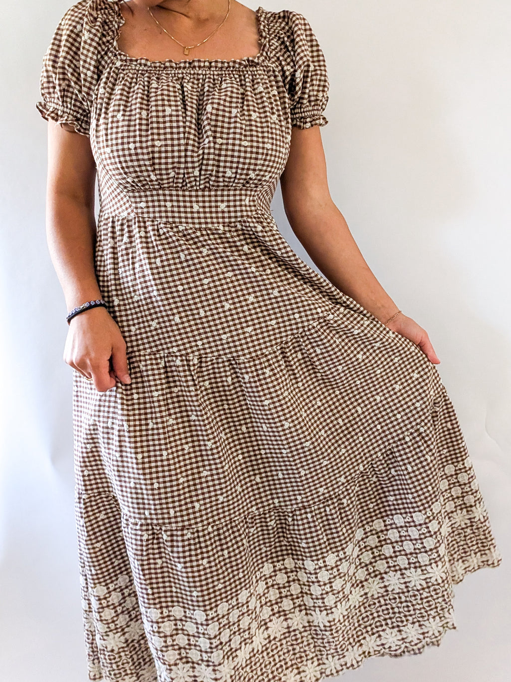 'Devin' Gingham Midi Dress in Brown