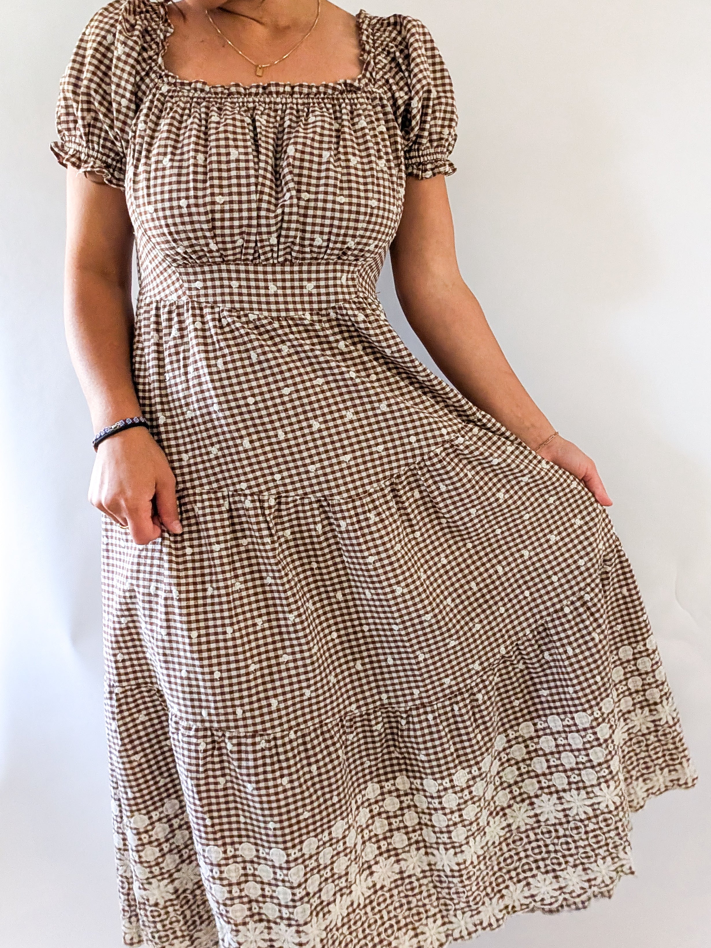 'Devin' Gingham Midi Dress in Brown