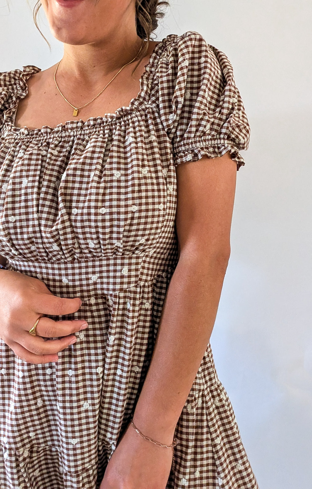 'Devin' Gingham Midi Dress in Brown