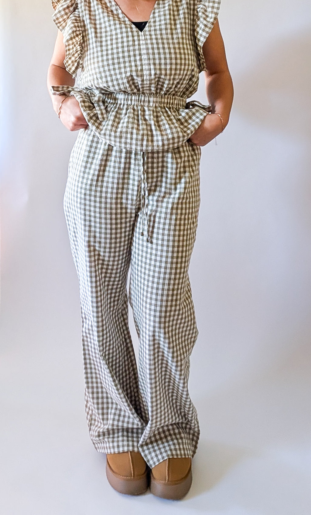 'Portland' Gingham Flair Pants in Olive