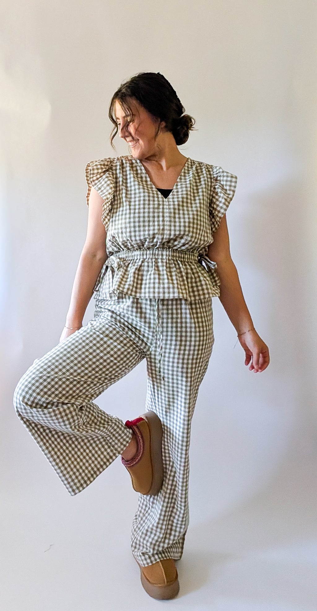 'Portland' Gingham Flair Pants in Olive