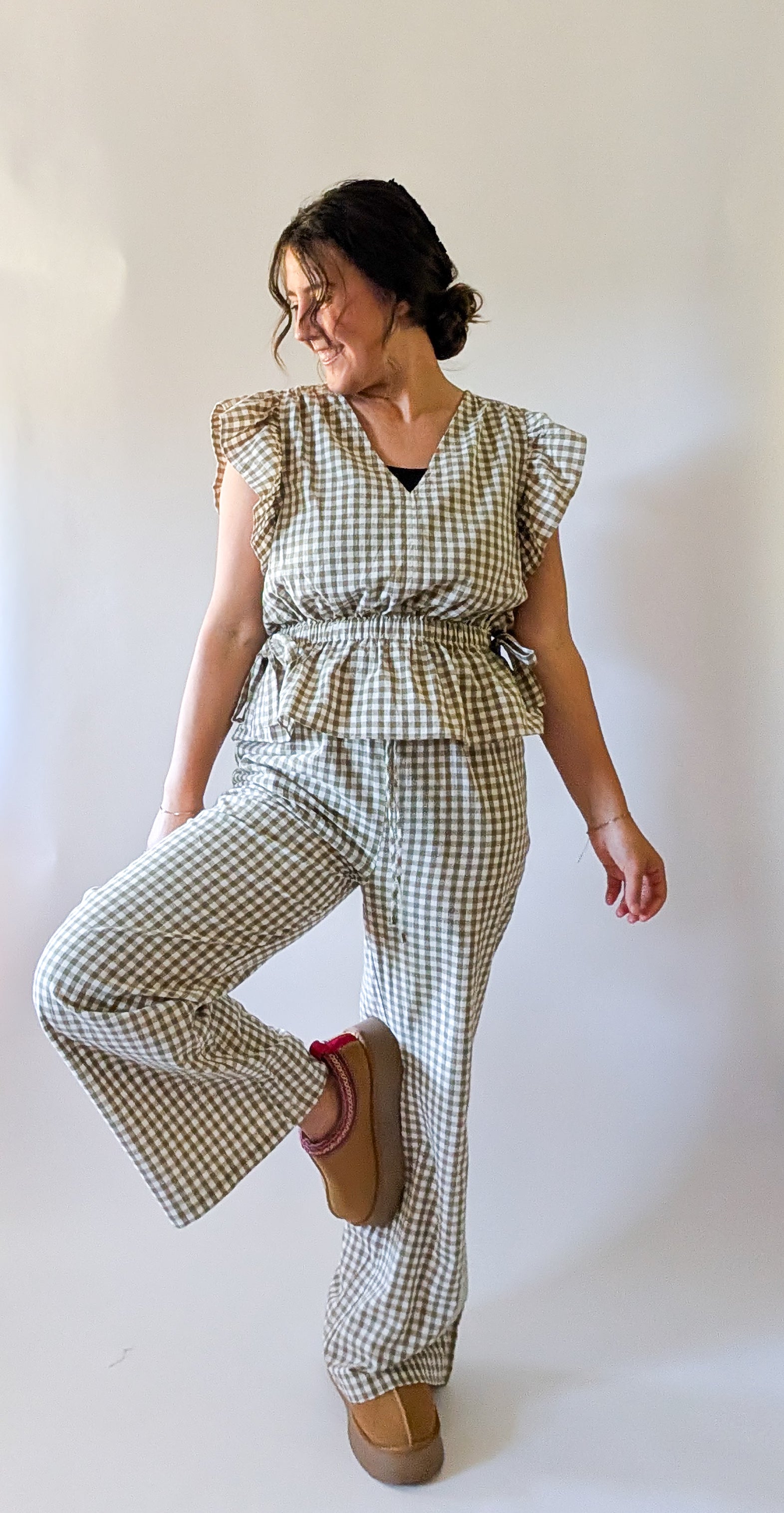'Portland' Gingham Flair Pants in Olive