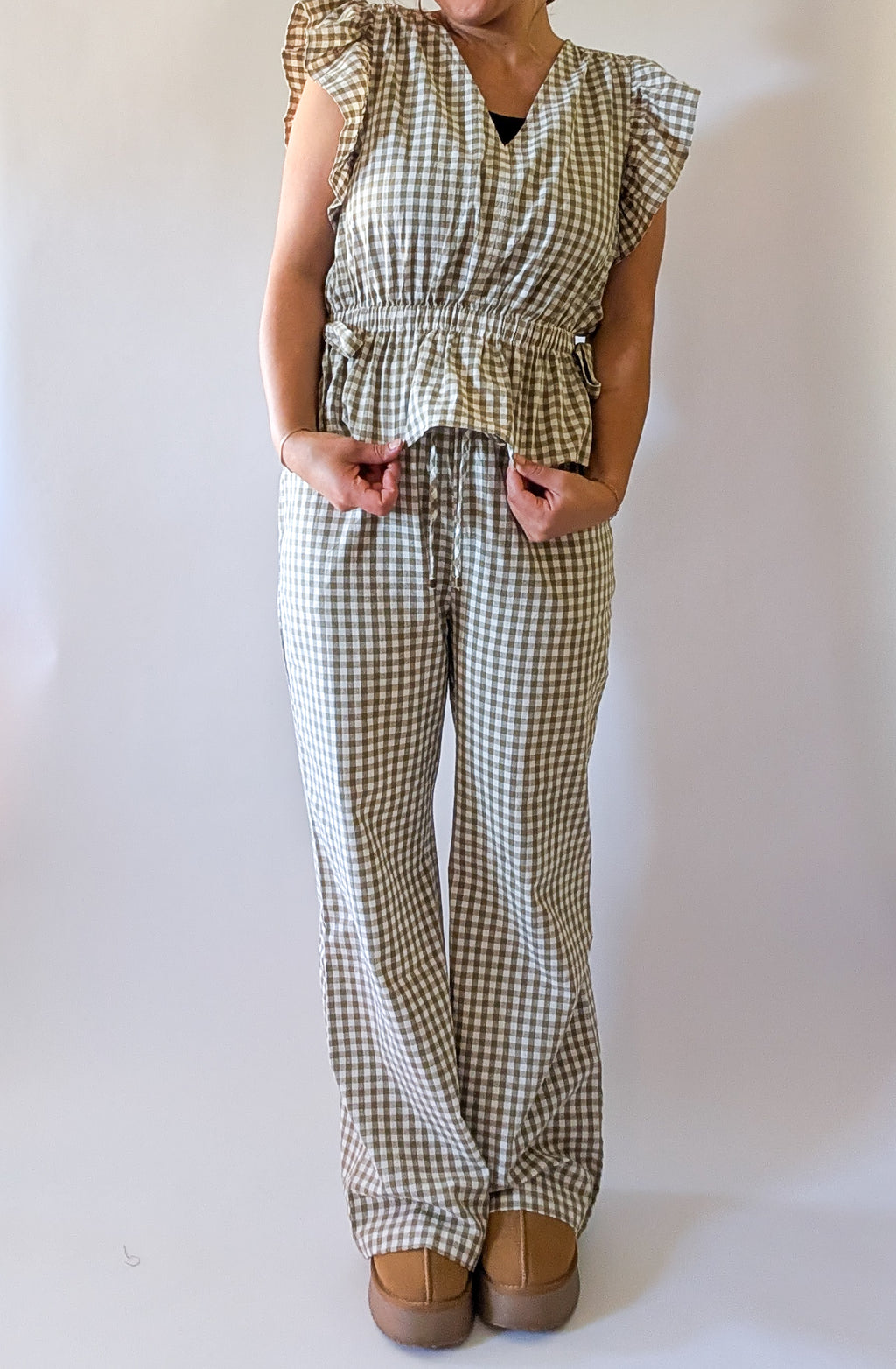 'Portland' Gingham Flair Pants in Olive