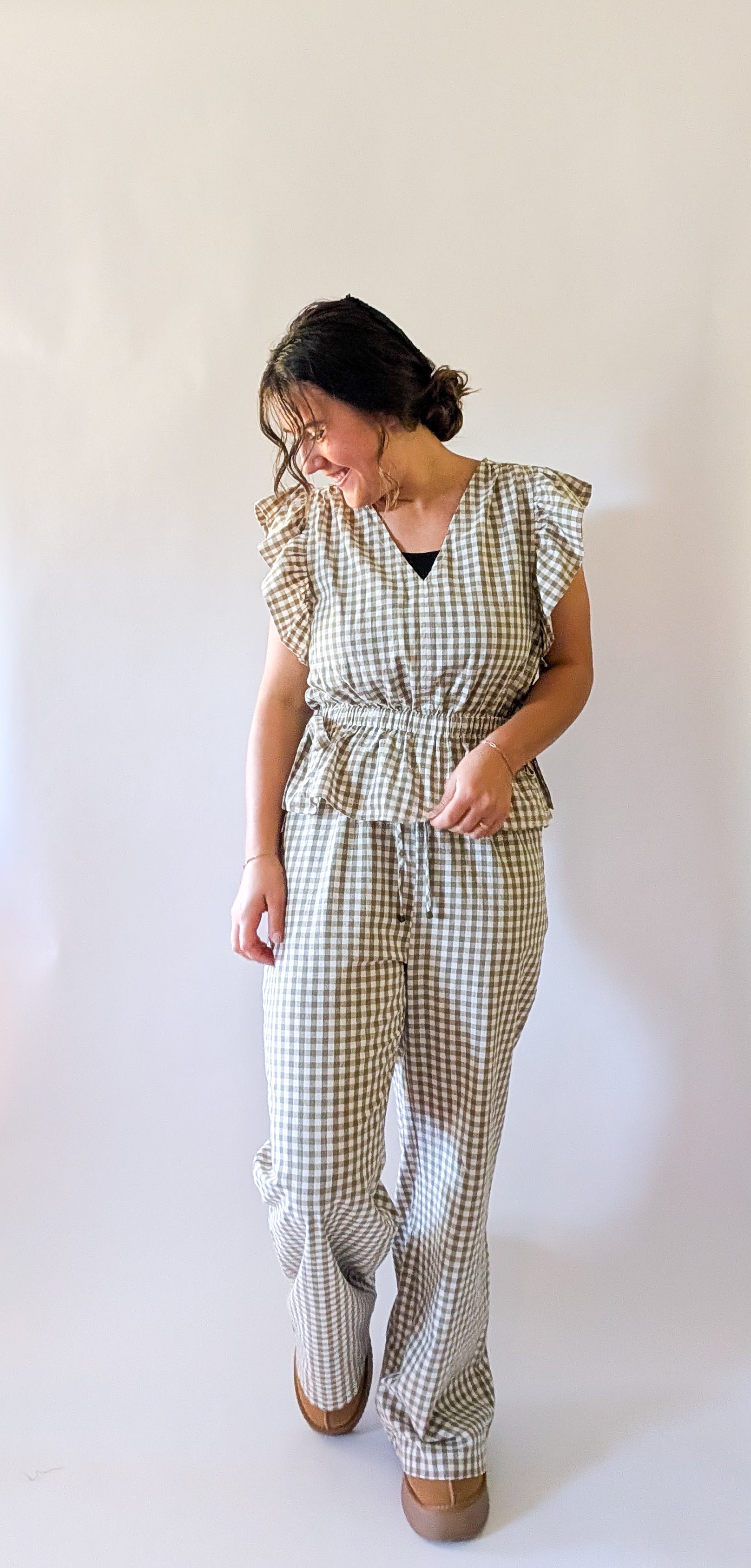 'Portland' Gingham Flair Pants in Olive