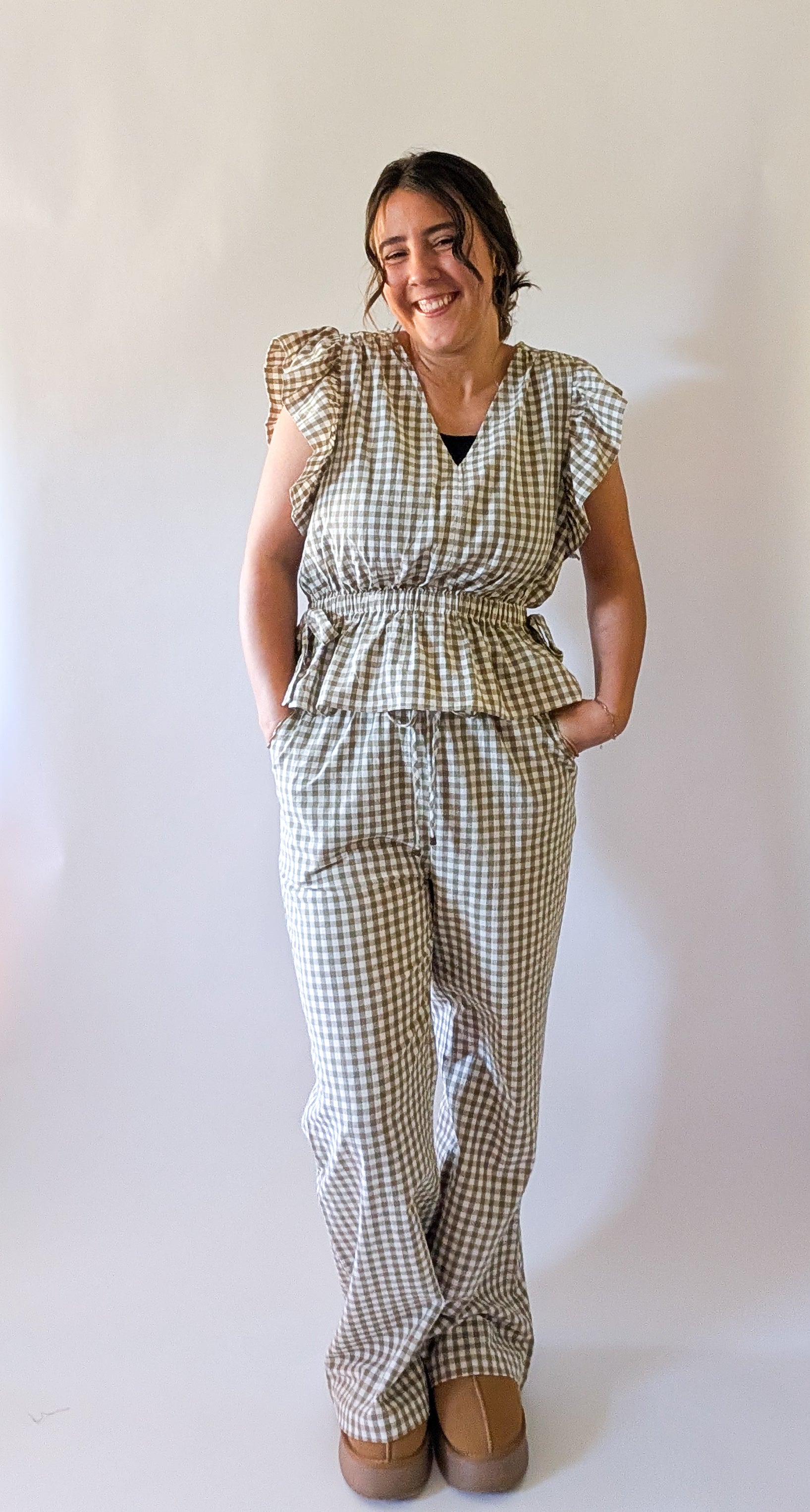 'Portland' Gingham Flair Pants in Olive