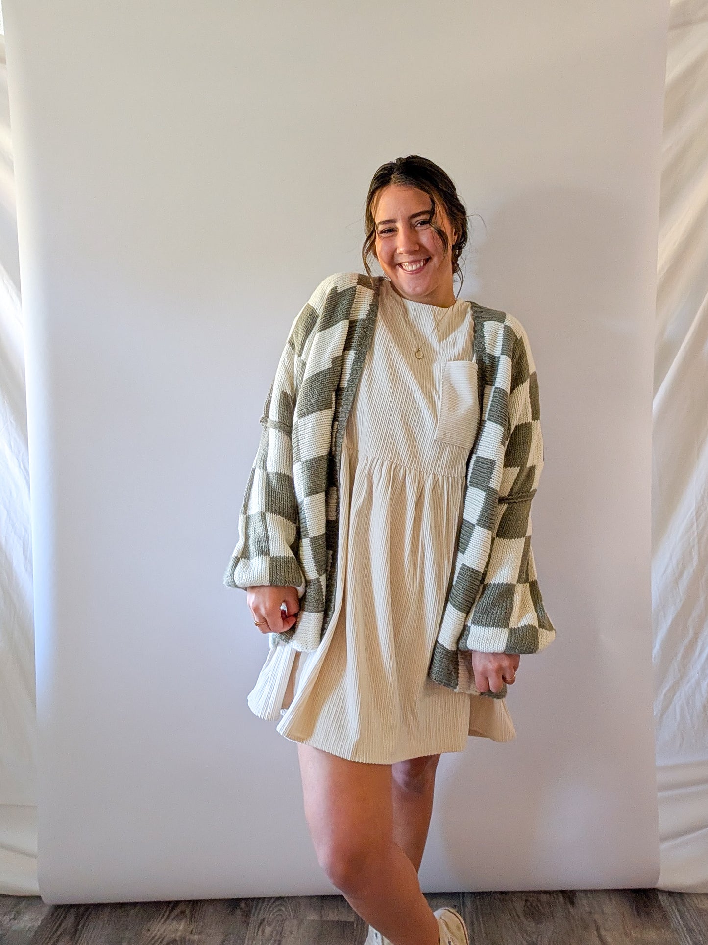 'Lauren' Checkered Cardigan in Olive