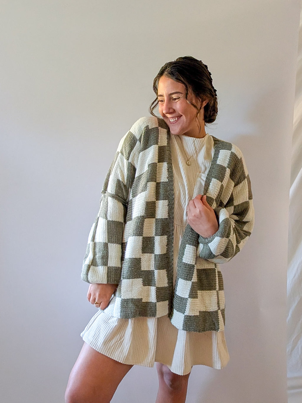 'Lauren' Checkered Cardigan in Olive